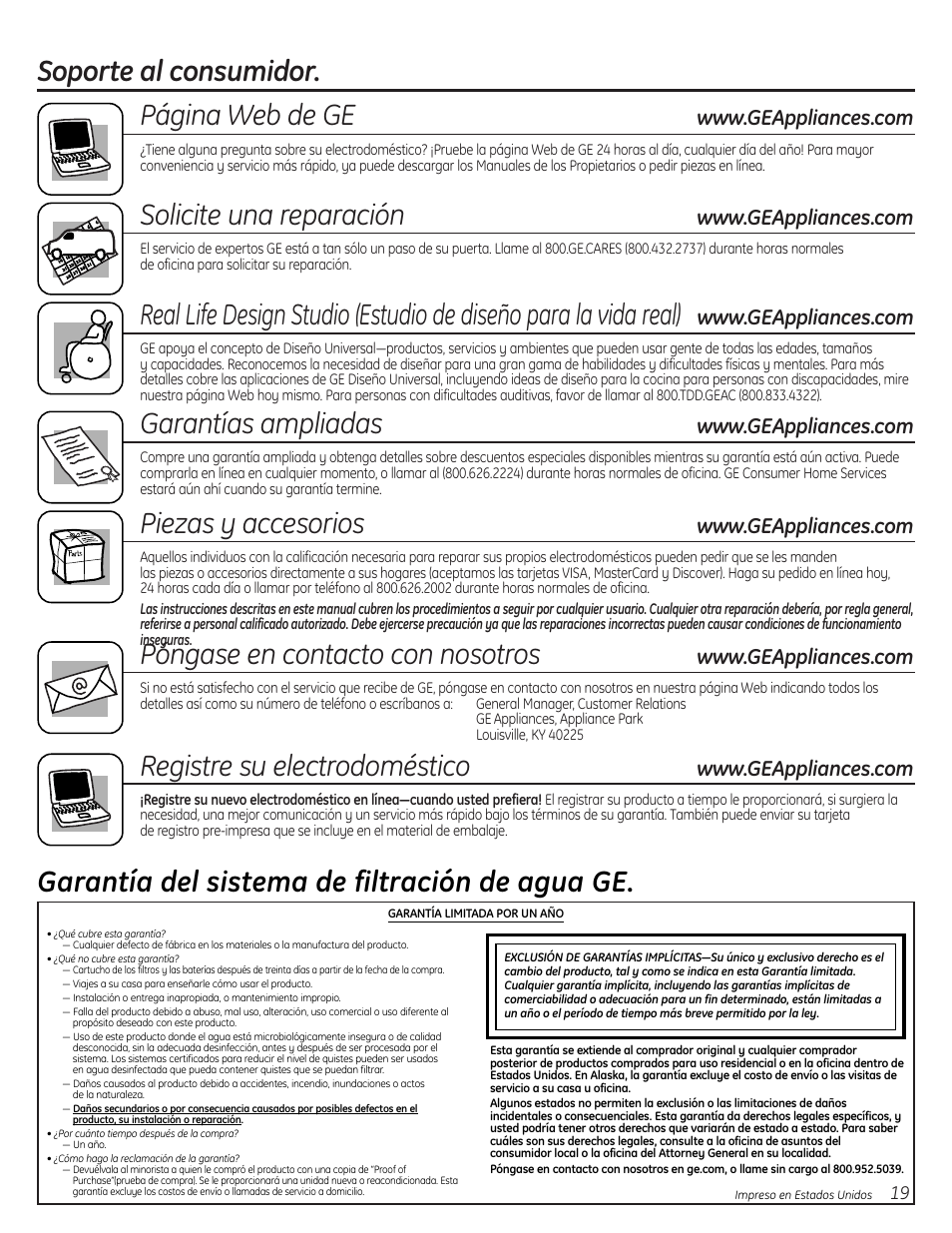 Apoyo al consumidor, Soporte al consumidor. página web de ge, Solicite una reparación | Garantías ampliadas, Piezas y accesorios, Póngase en contacto con nosotros, Registre su electrodoméstico, Garantía del sistema de filtración de agua ge | GE GXSL55F User Manual | Page 19 / 20