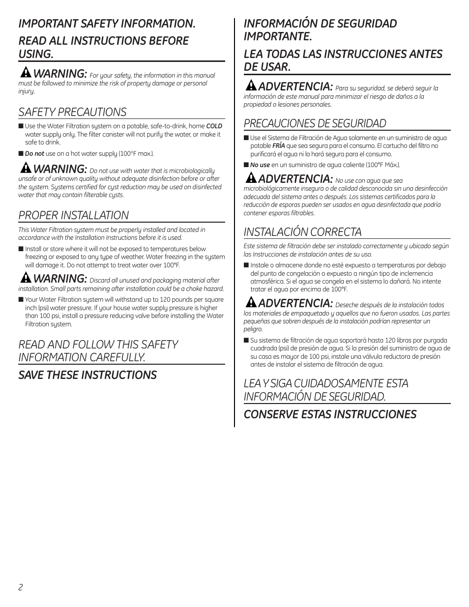 Safety instructions, Instrucciones de seguridad, Safety precautions | Warning, Proper installation, Precauciones de seguridad, Advertencia, Instalación correcta | GE GXSL55F User Manual | Page 2 / 20