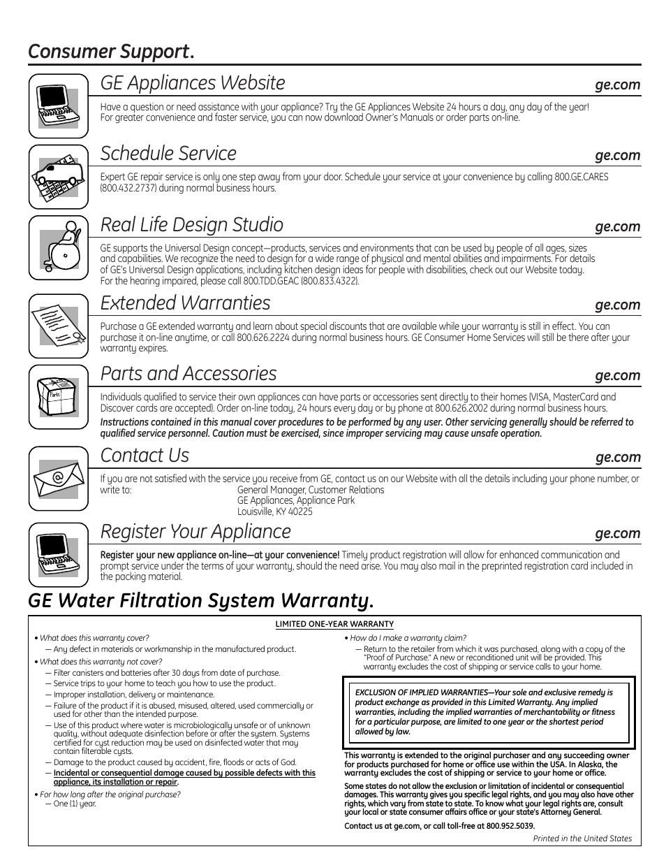 Consumer support, Consumer support. ge appliances website, Schedule service | Real life design studio, Extended warranties, Parts and accessories, Contact us, Register your appliance, Ge water filtration system warranty | GE GXSL55F User Manual | Page 20 / 20