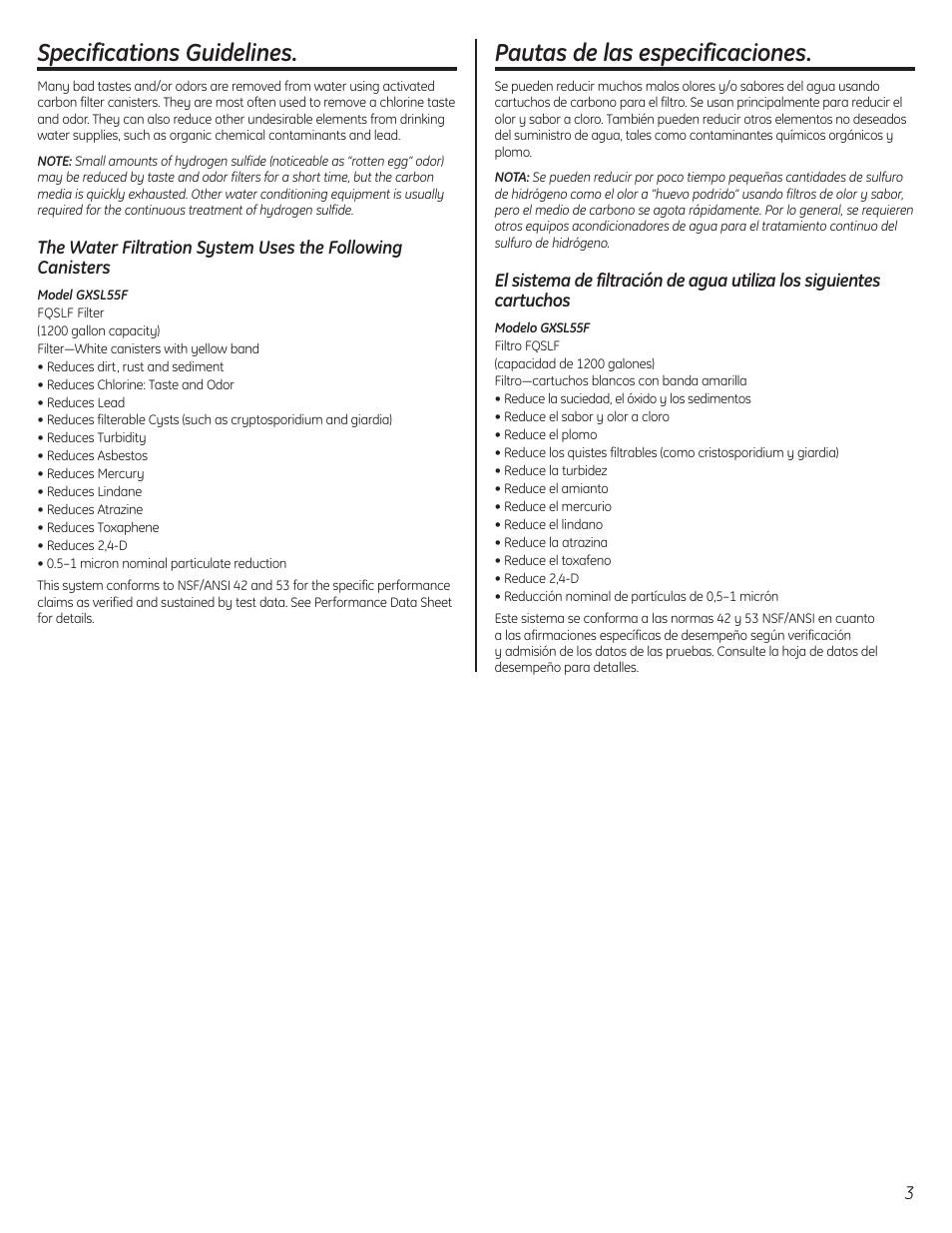 System overview, Generalidades del sistema, Specifications guidelines | Pautas de las especificaciones | GE GXSL55F User Manual | Page 3 / 20