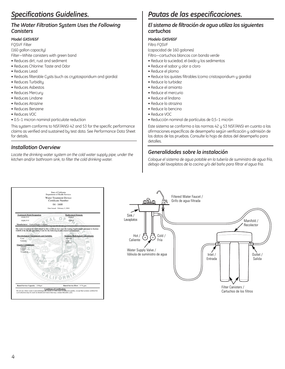 Specifications guidelines, Pautas de las especificaciones, Installation overview | Generalidades sobre la instalación | GE GXSL55F User Manual | Page 4 / 20