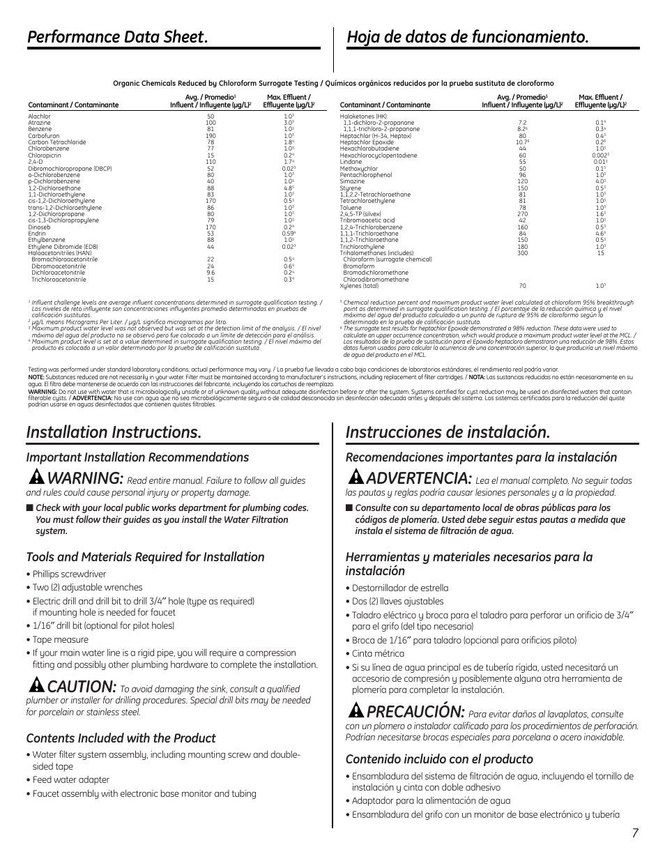 Installation instructions, Instrucciones de instalación, Warning | Caution, Advertencia, Precaución, Important installation recommendations, Tools and materials required for installation, Contents included with the product, Recomendaciones importantes para la instalación | GE GXSL55F User Manual | Page 7 / 20