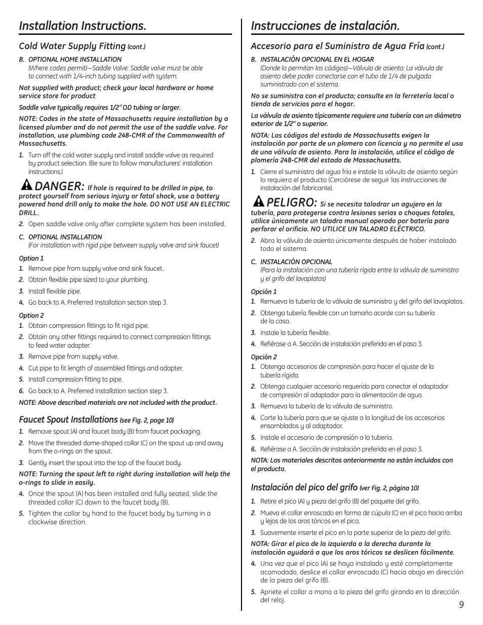Installation instructions, Danger, Instrucciones de instalación | Peligro | GE GXSL55F User Manual | Page 9 / 20