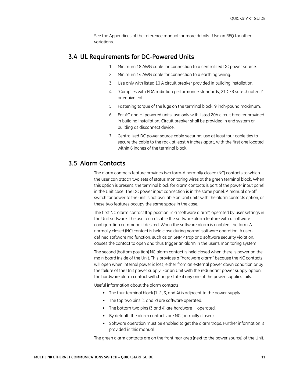 4 ul requirements for dc-powered units, 5 alarm contacts | GE MULTILINK 1601-9026-A3 User Manual | Page 15 / 70