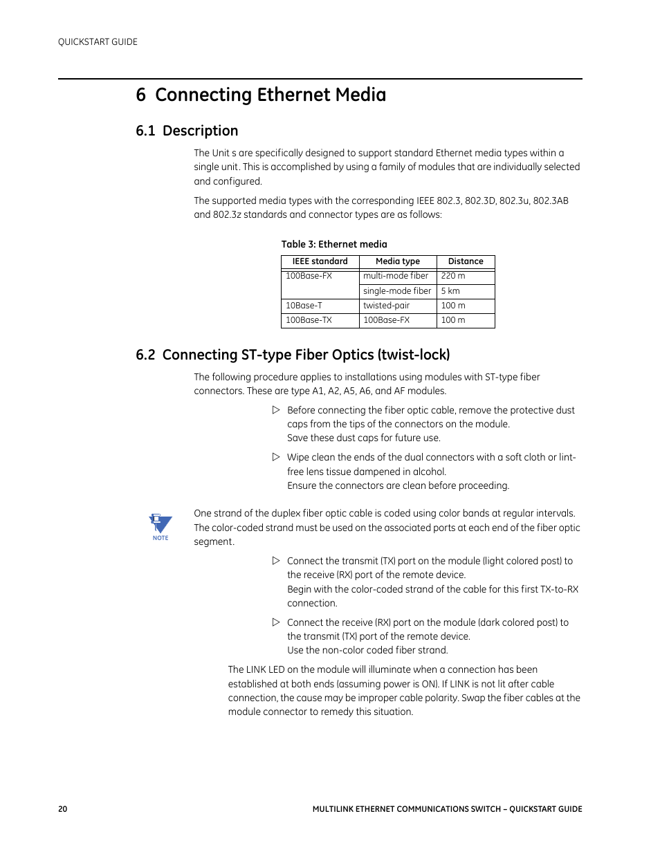 6 connecting ethernet media, 1 description, 2 connecting st-type fiber optics (twist-lock) | GE MULTILINK 1601-9026-A3 User Manual | Page 24 / 70