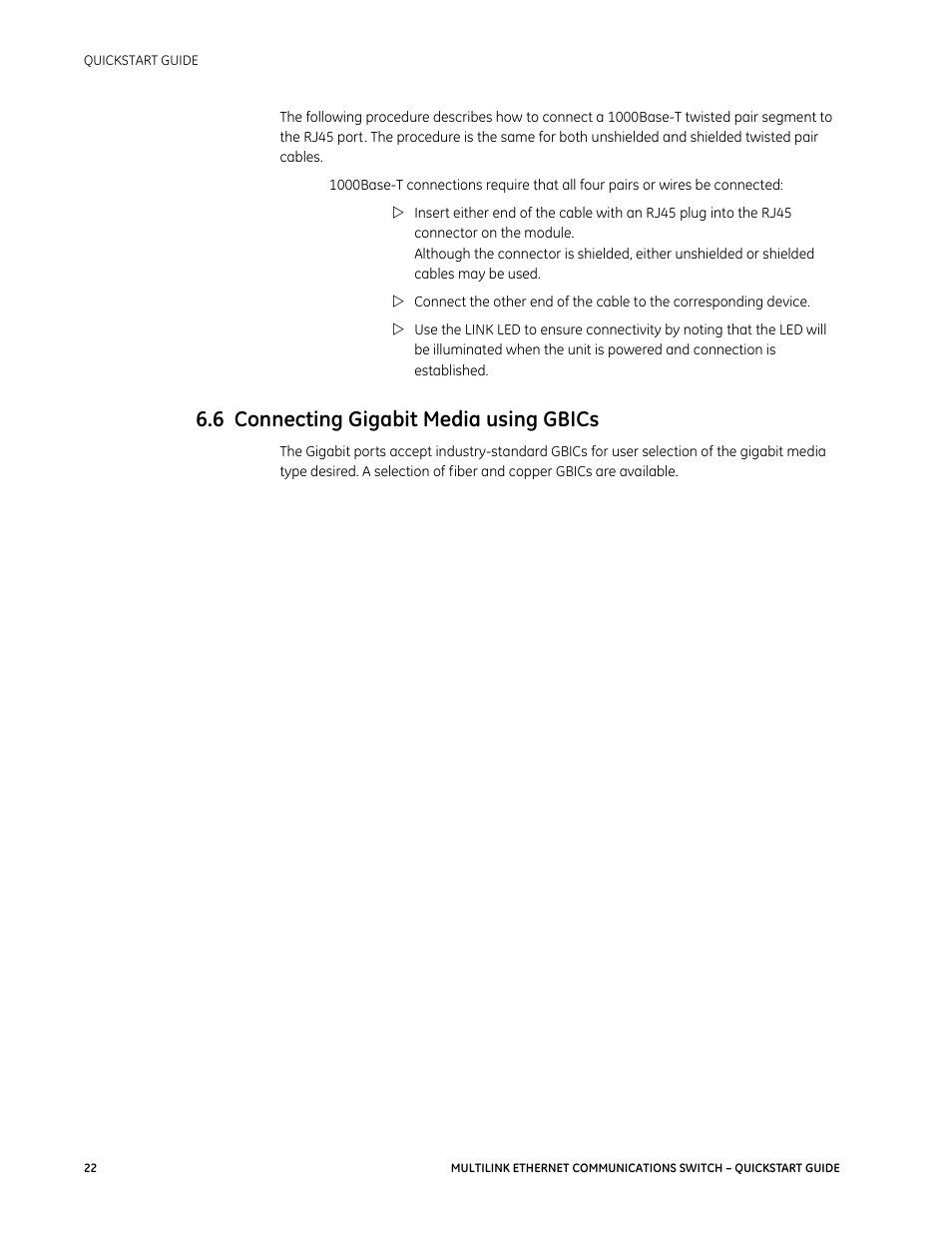 6 connecting gigabit media using gbics | GE MULTILINK 1601-9026-A3 User Manual | Page 26 / 70