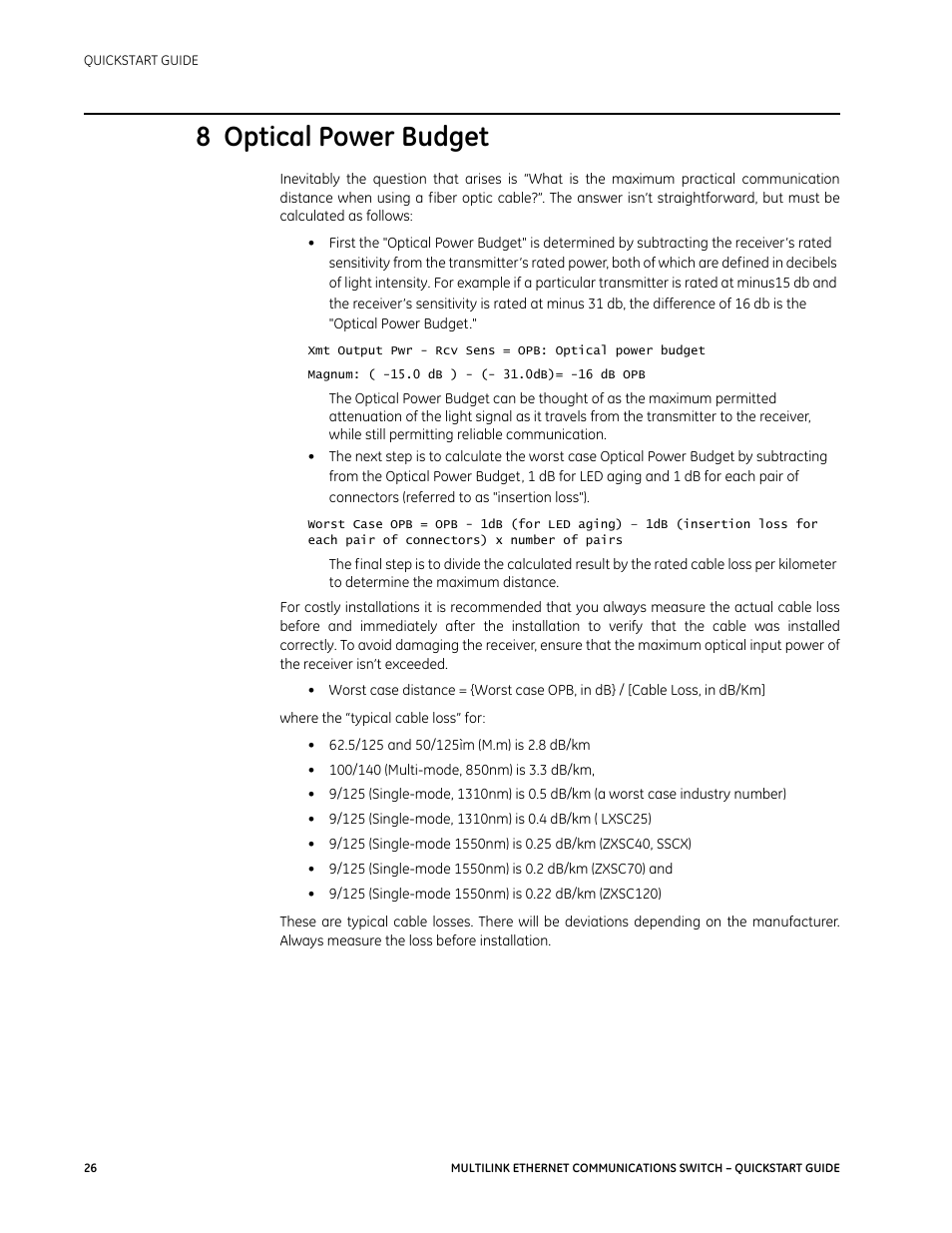 8 optical power budget | GE MULTILINK 1601-9026-A3 User Manual | Page 30 / 70