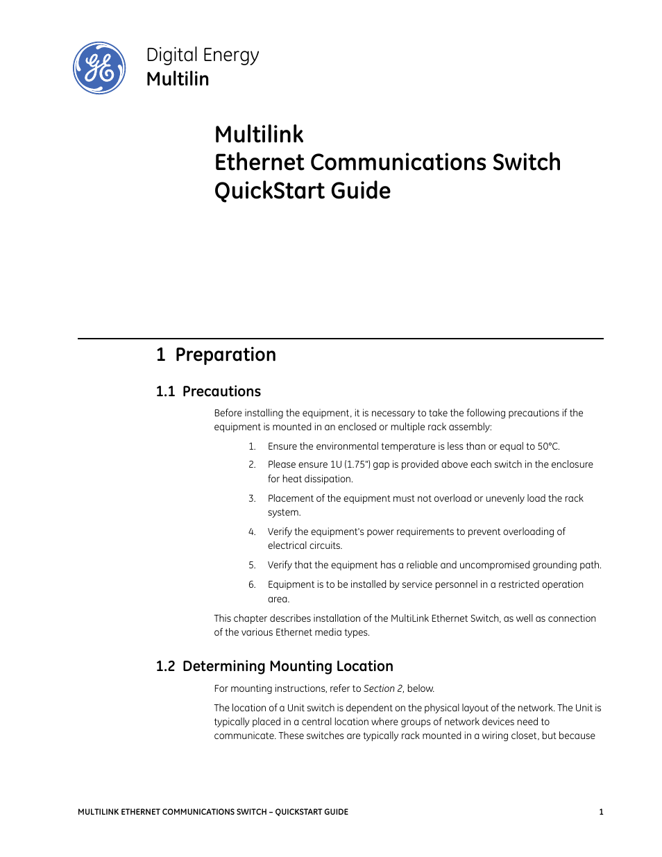 Digital energy multilin, 1 preparation, 1 precautions | 2 determining mounting location | GE MULTILINK 1601-9026-A3 User Manual | Page 5 / 70