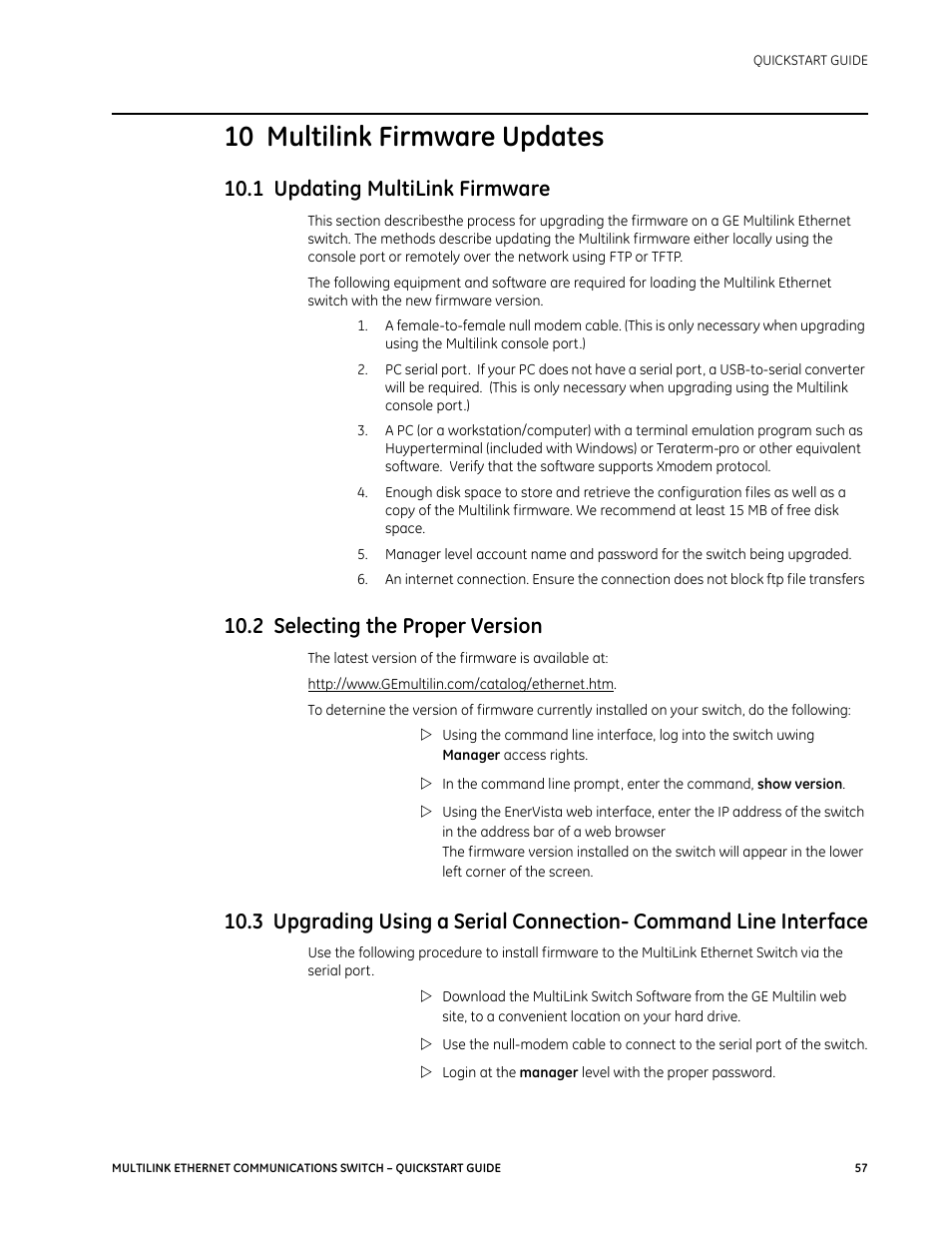 10 multilink firmware updates, 1 updating multilink firmware, 2 selecting the proper version | GE MULTILINK 1601-9026-A3 User Manual | Page 61 / 70