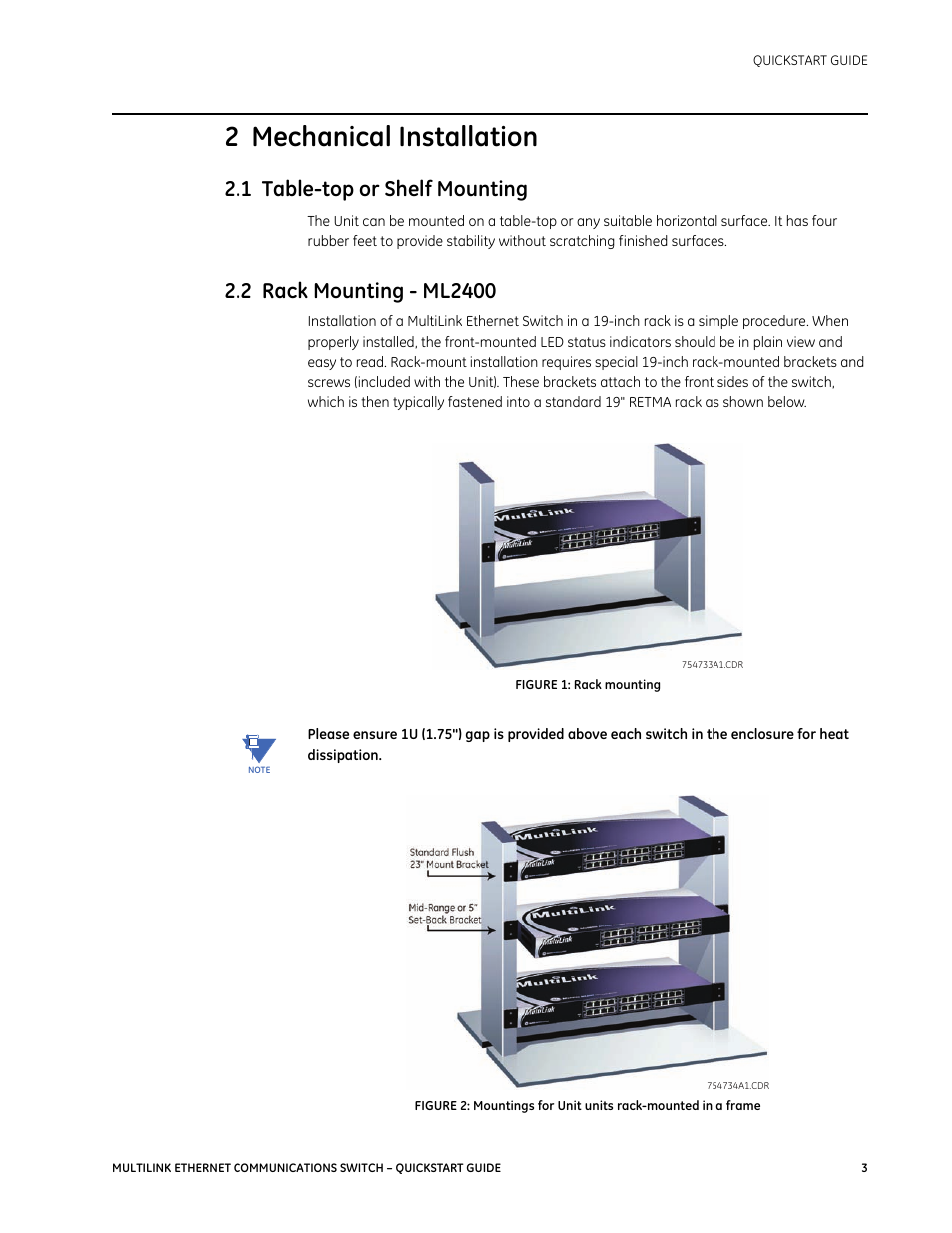 2 mechanical installation, 1 table-top or shelf mounting | GE MULTILINK 1601-9026-A3 User Manual | Page 7 / 70