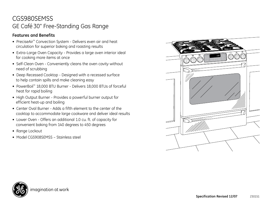 Cgs980semss, Ge café, 30" free-standing gas range | Features and benefits | GE CGS980SEMSS User Manual | Page 2 / 2