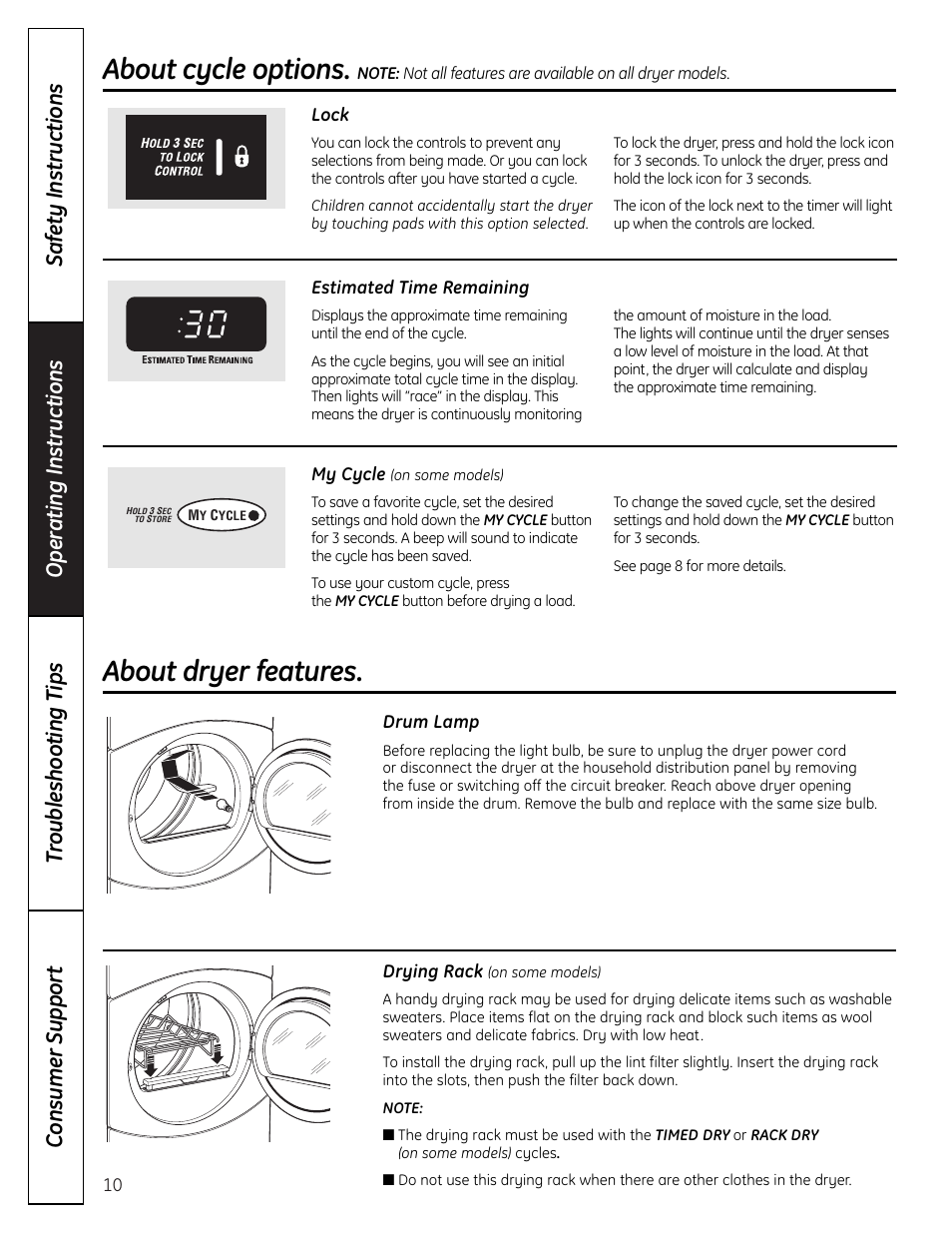 Dryer features, About cycle options, About dryer features | GE DHDVH66 User Manual | Page 10 / 56