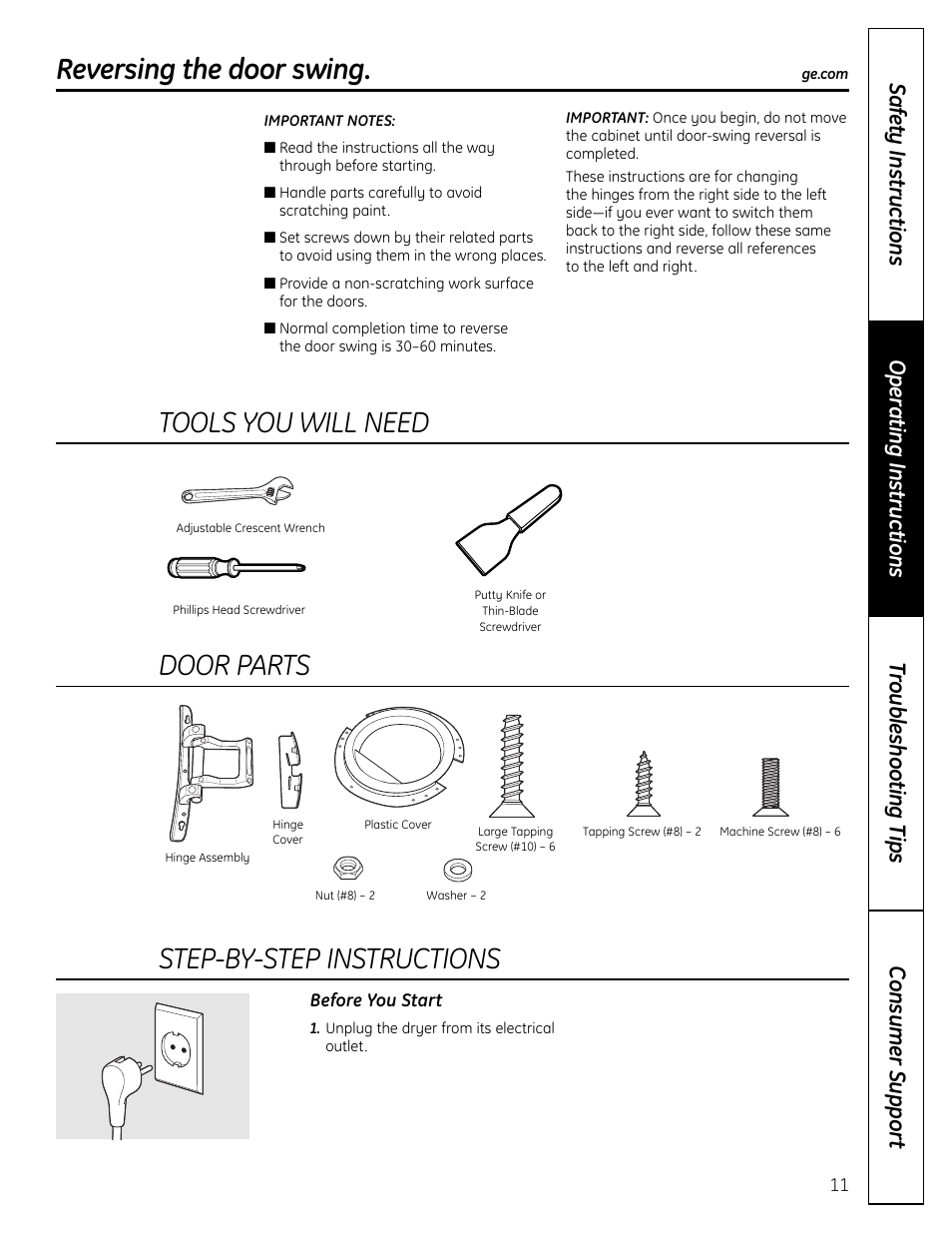 Reversing the door swing, Reversing the door swing –15, Tools you will need | Door parts, Step-by-step instructions | GE DHDVH66 User Manual | Page 11 / 56