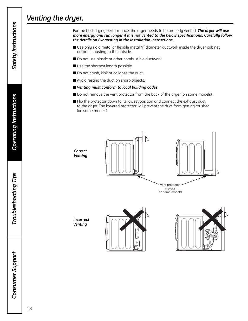 Venting the dryer | GE DHDVH66 User Manual | Page 18 / 56