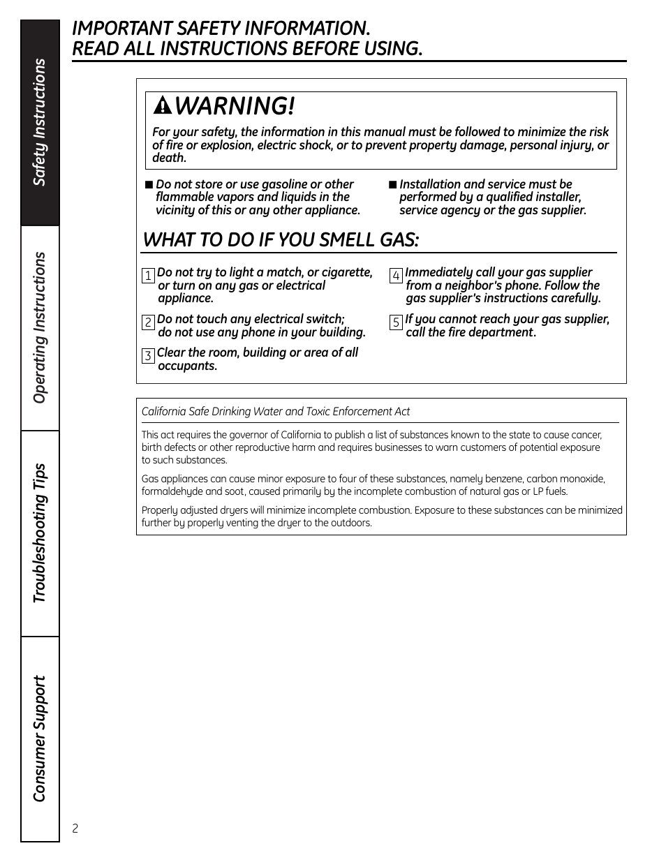 Safety instructions, Warning, What to do if you smell gas | GE DHDVH66 User Manual | Page 2 / 56