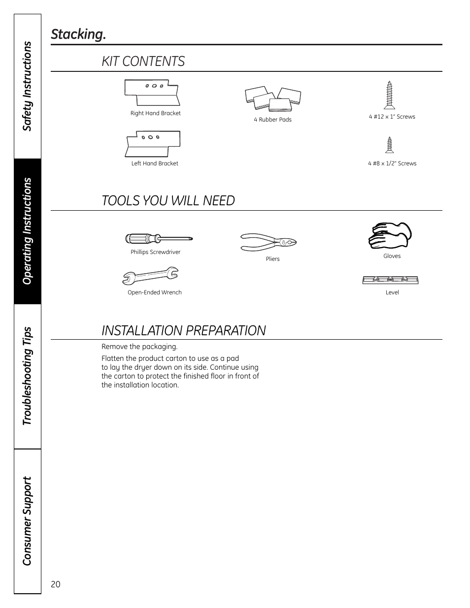 Stacking. kit contents, Tools you will need, Installation preparation | GE DHDVH66 User Manual | Page 20 / 56