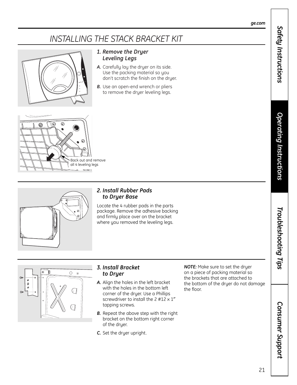 Installing the stack bracket kit | GE DHDVH66 User Manual | Page 21 / 56