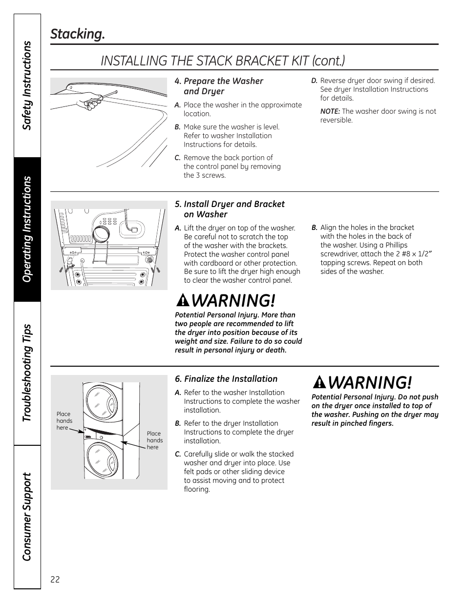 Warning, Stacking, Installing the stack bracket kit (cont.) | GE DHDVH66 User Manual | Page 22 / 56