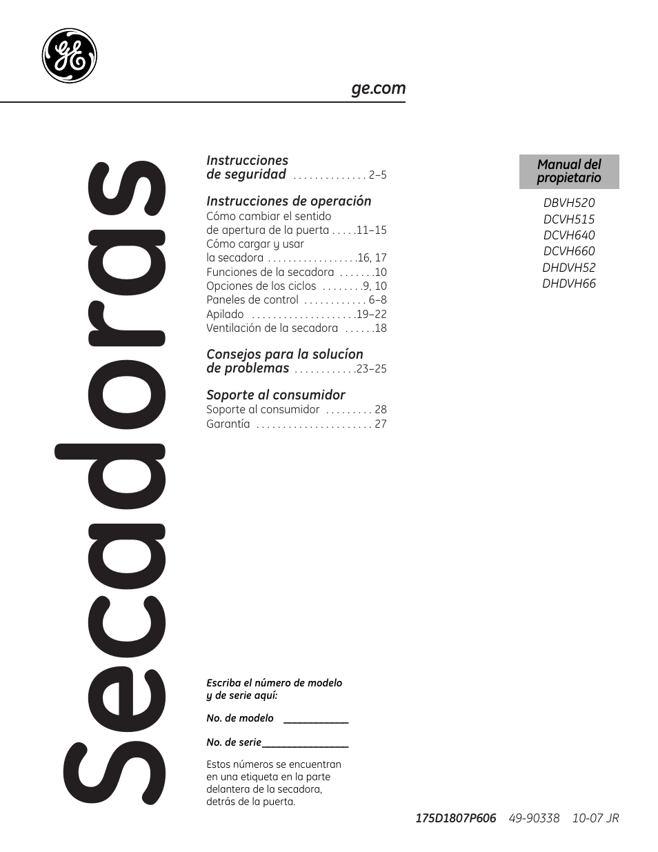 Español, Instrucciones de operación, Soporte al consumidor | Secadoras | GE DHDVH66 User Manual | Page 29 / 56