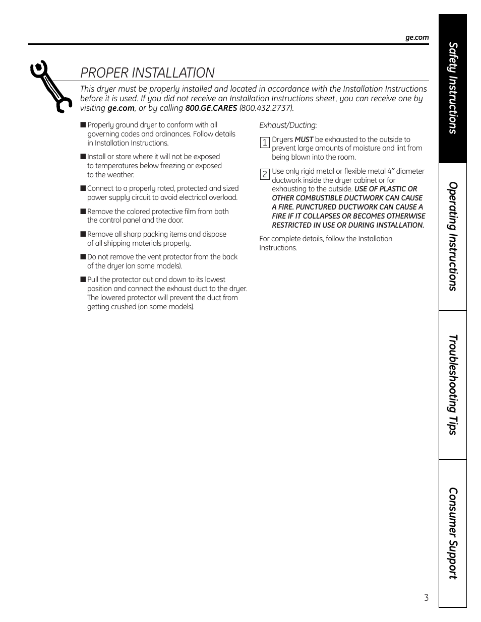 Proper installation | GE DHDVH66 User Manual | Page 3 / 56