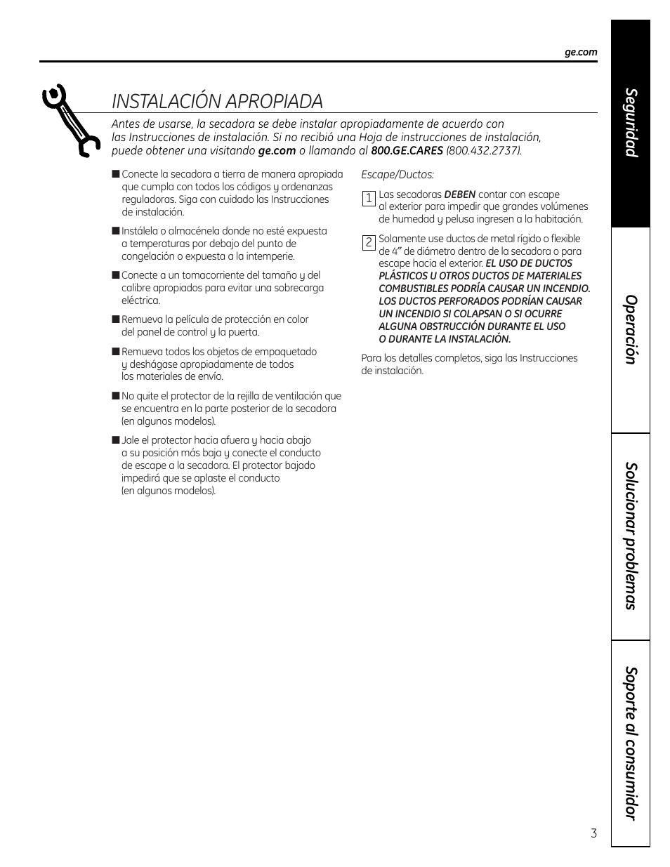 Instalación apropiada | GE DHDVH66 User Manual | Page 31 / 56