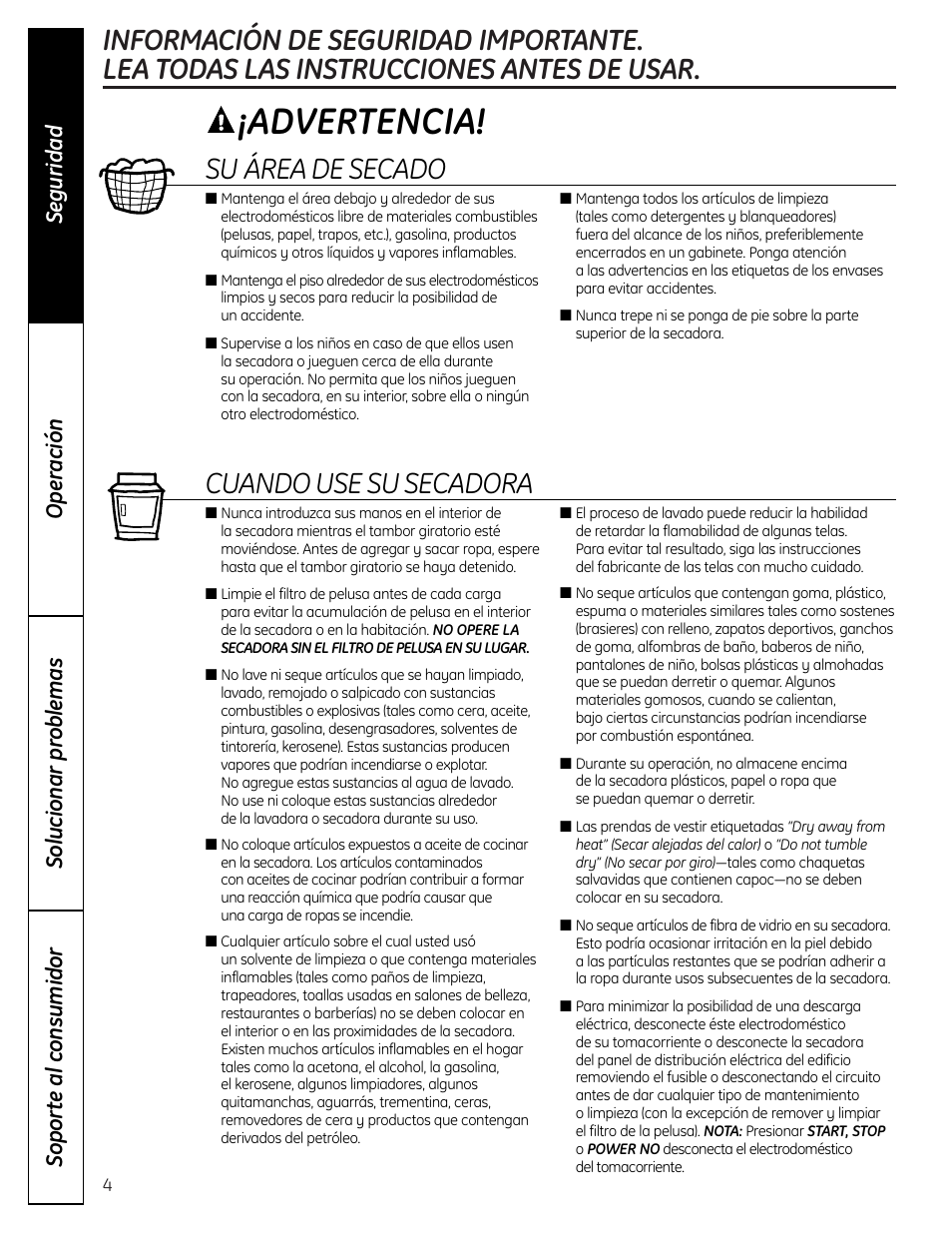 Advertencia, Su área de secado, Cuando use su secadora | GE DHDVH66 User Manual | Page 32 / 56