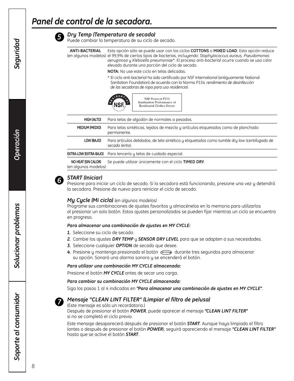 Panel de control de la secadora | GE DHDVH66 User Manual | Page 36 / 56