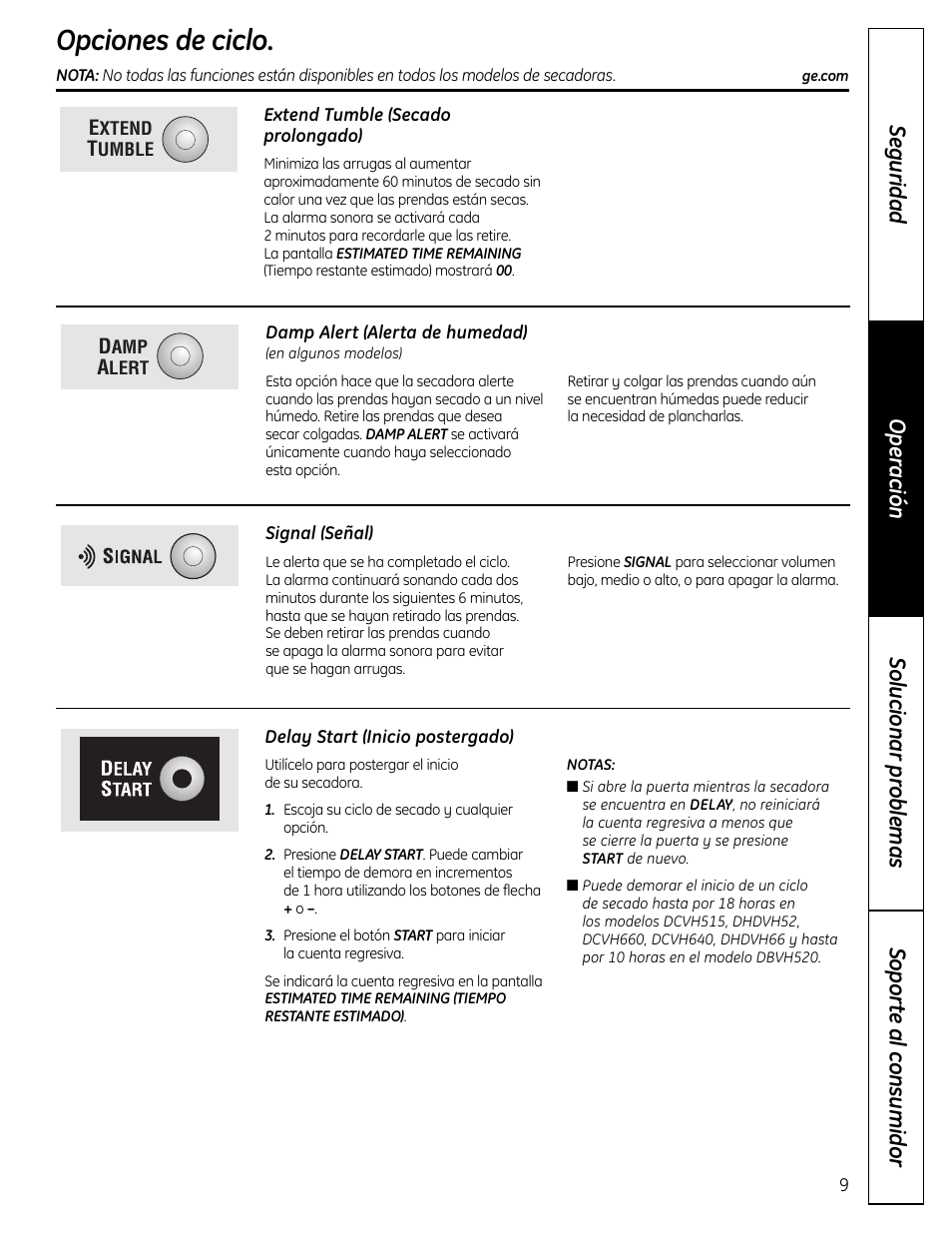 Opciones de los ciclos, Opciones de los ciclos , 10, Opciones de ciclo | GE DHDVH66 User Manual | Page 37 / 56