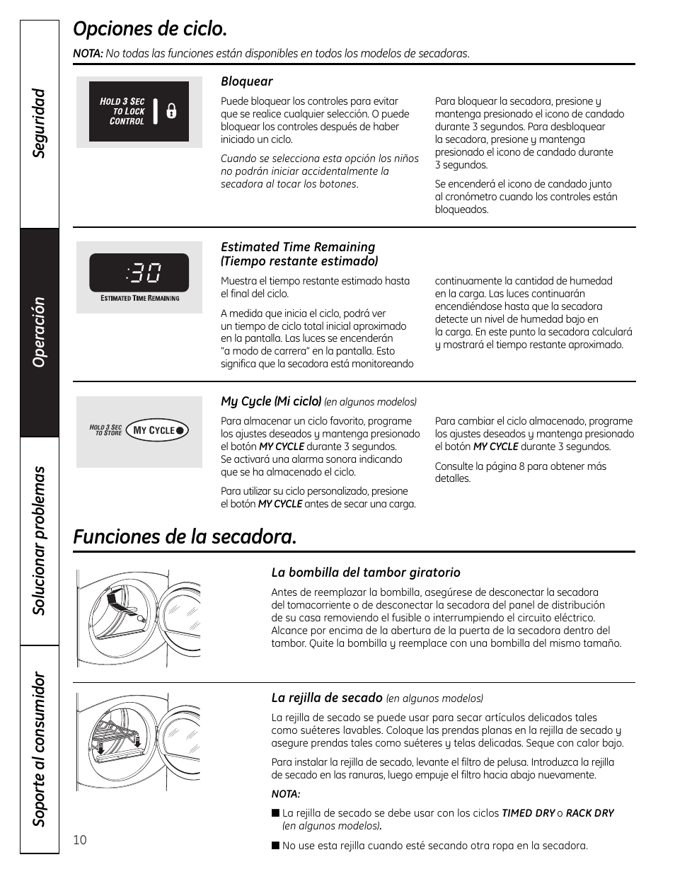 Funciones de la secadora, Opciones de ciclo | GE DHDVH66 User Manual | Page 38 / 56