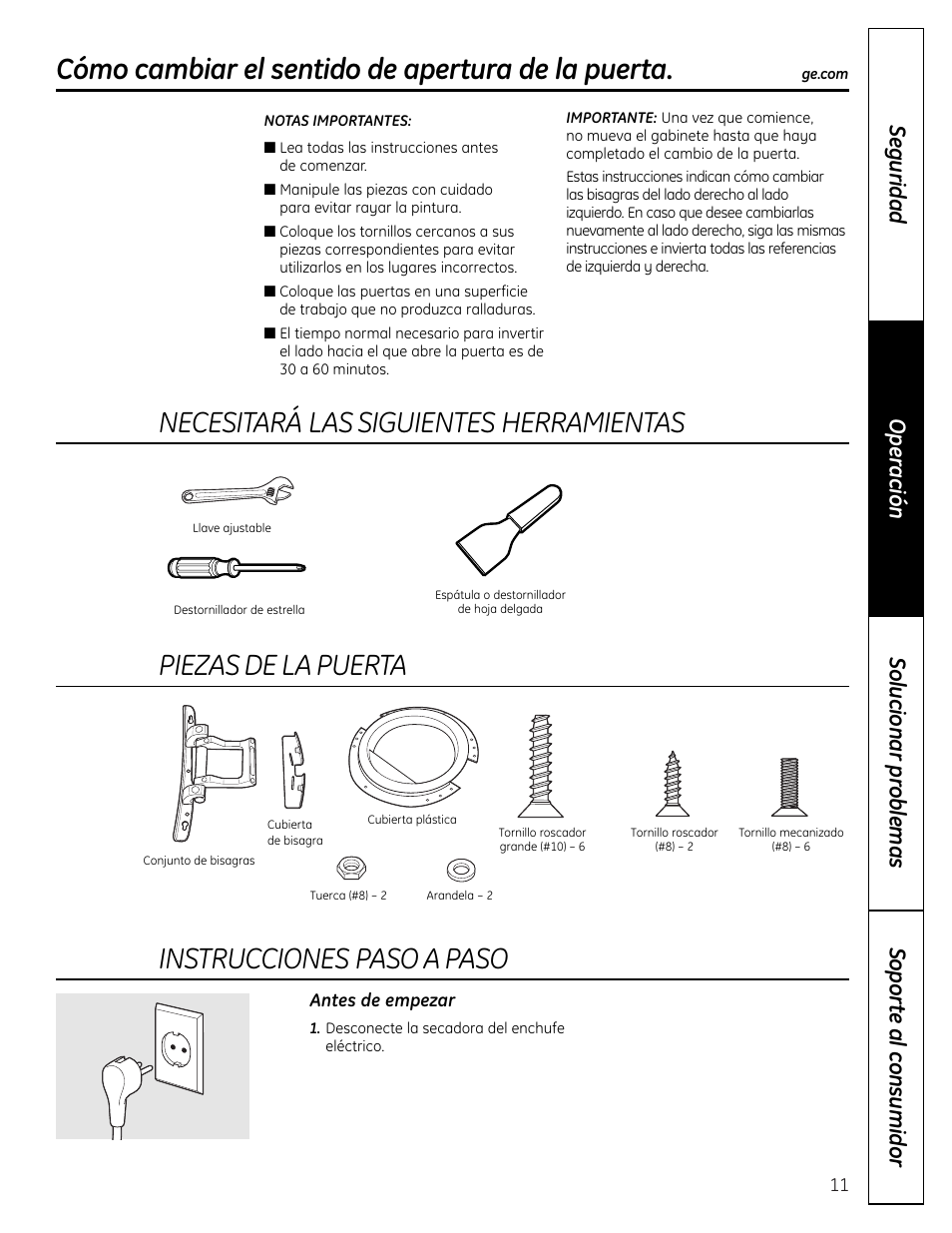 Cómo cambiar el sentido de apertura de la puerta, Necesitará las siguientes herramientas, Piezas de la puerta | Instrucciones paso a paso | GE DHDVH66 User Manual | Page 39 / 56