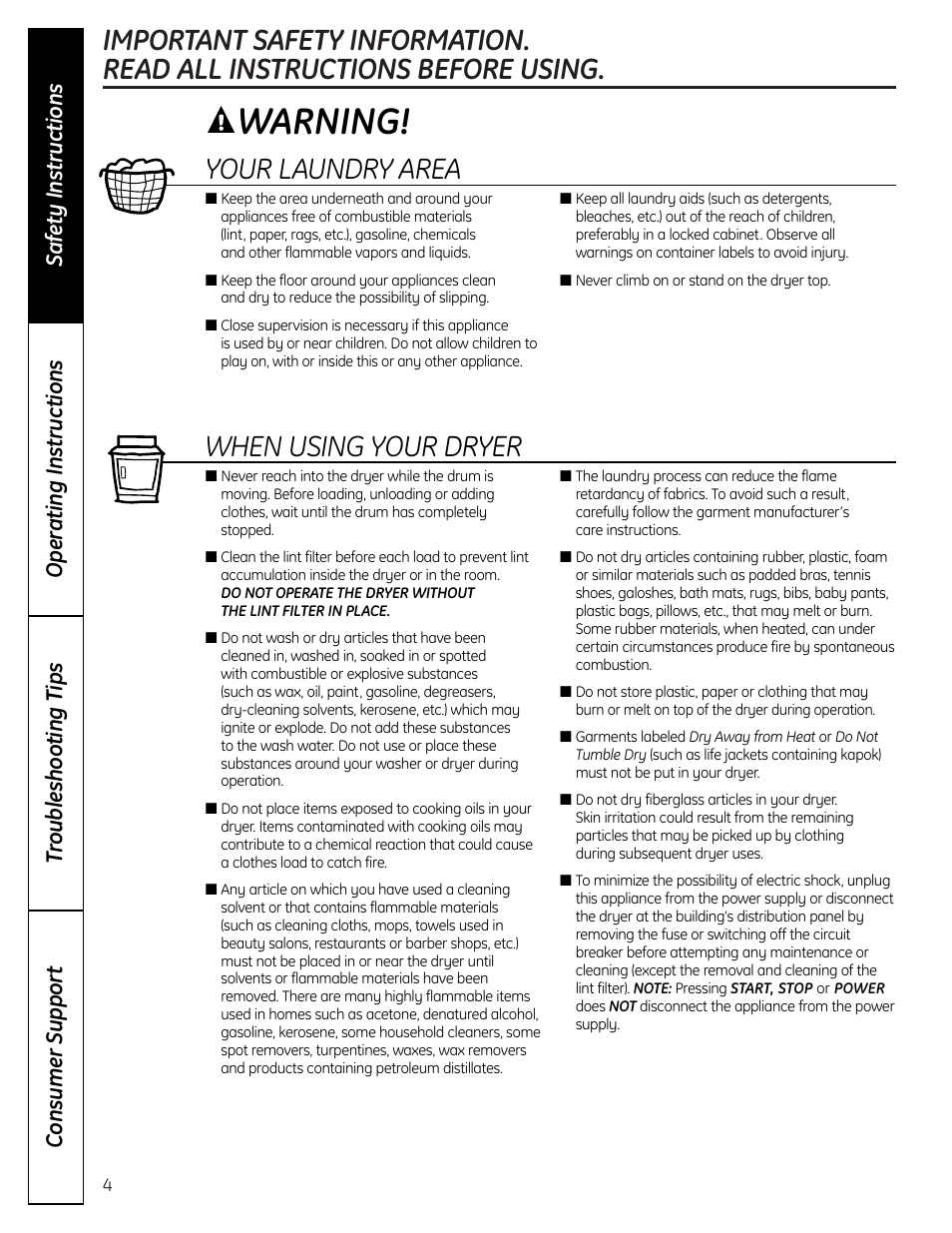 Warning, Your laundry area, When using your dryer | GE DHDVH66 User Manual | Page 4 / 56