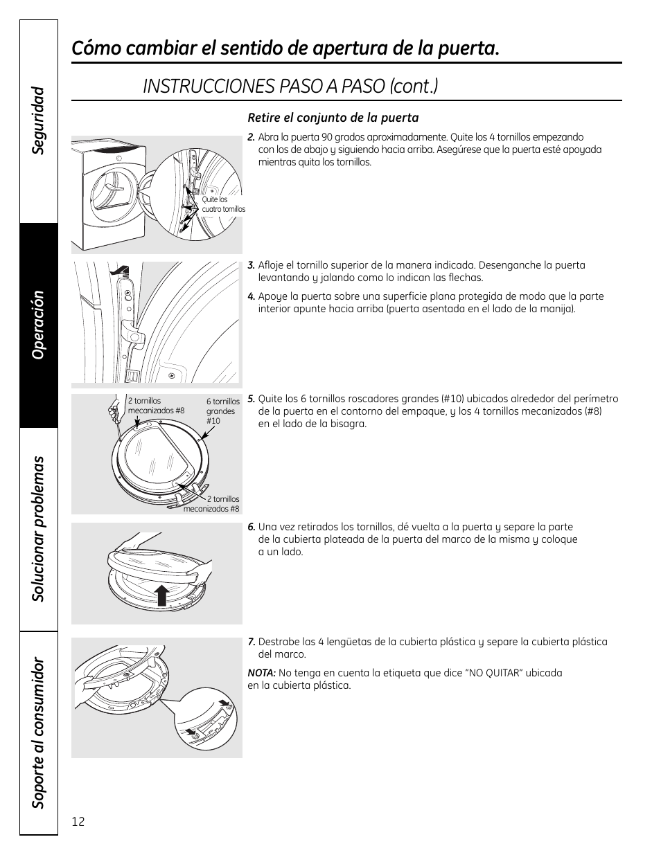 Instrucciones paso a paso (cont.), Cómo cambiar el sentido de apertura de la puerta | GE DHDVH66 User Manual | Page 40 / 56