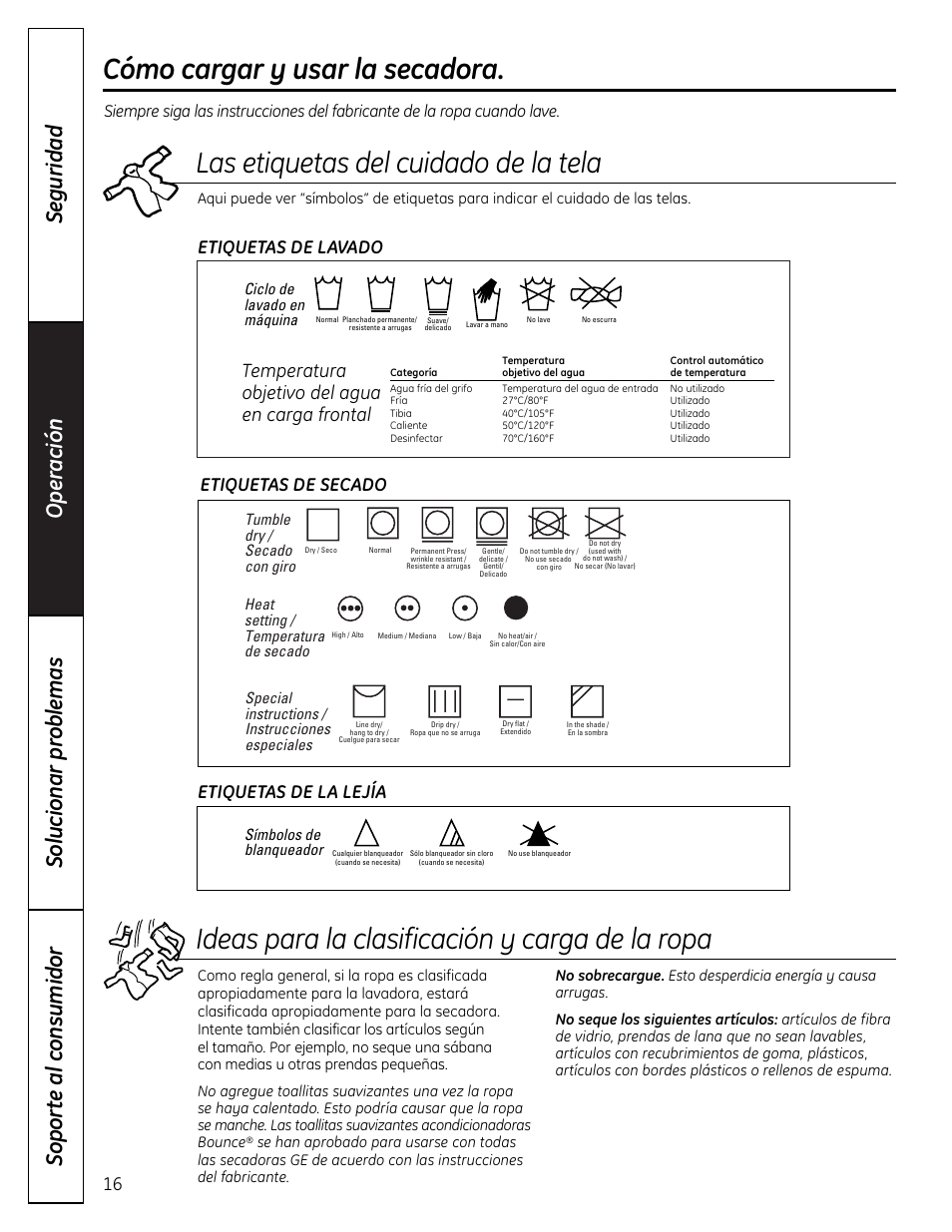 Cómo cargar y usar la secadora, Cómo cargar y usar la secadora , 17, Las etiquetas del cuidado de la tela | Temperatura objetivo del agua en carga frontal | GE DHDVH66 User Manual | Page 44 / 56