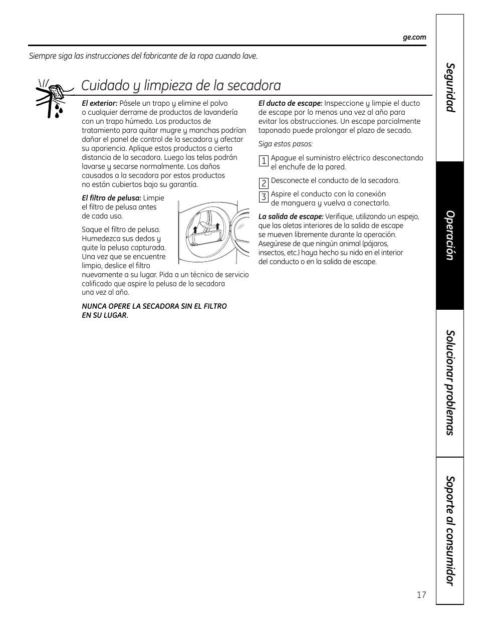 Cuidado y limpieza de la secadora | GE DHDVH66 User Manual | Page 45 / 56