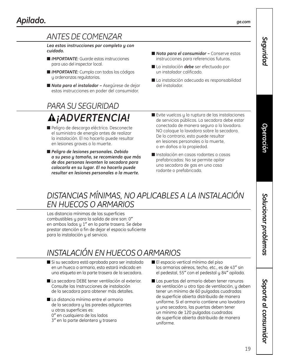 Apilado, Apilado –22, Advertencia | Antes de comenzar, Para su seguridad, Instalación en huecos o armarios | GE DHDVH66 User Manual | Page 47 / 56