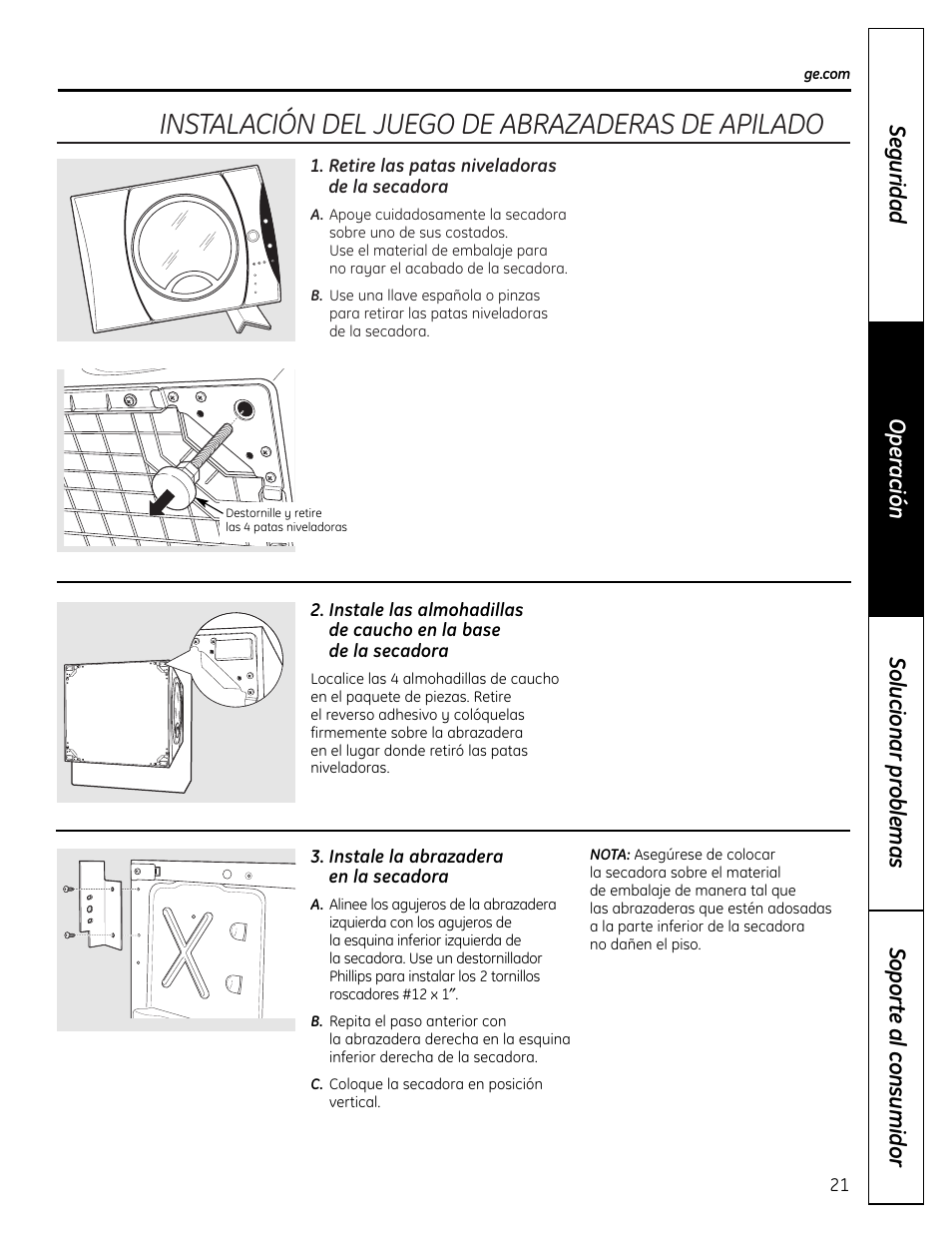 Instalación del juego de abrazaderas de apilado | GE DHDVH66 User Manual | Page 49 / 56