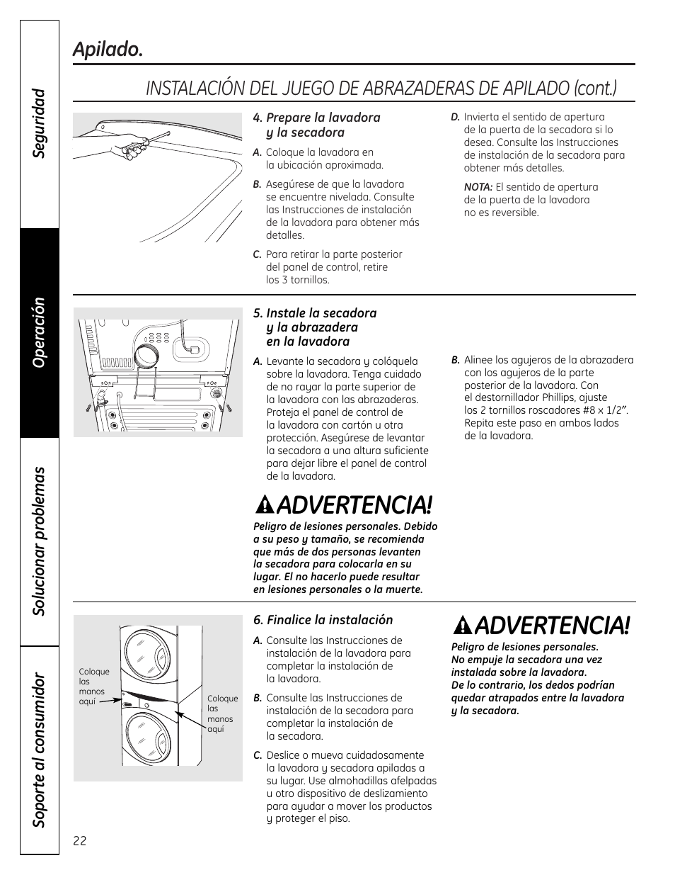 Advertencia, Apilado | GE DHDVH66 User Manual | Page 50 / 56