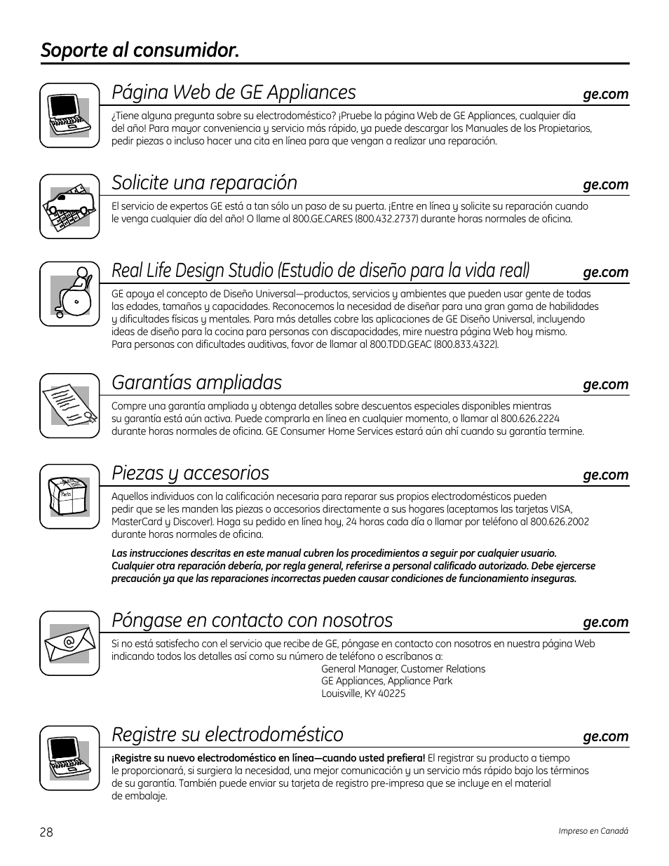 Soporte al consumidor, Soporte al consumidor. página web de ge appliances, Solicite una reparación | Garantías ampliadas, Piezas y accesorios, Póngase en contacto con nosotros, Registre su electrodoméstico | GE DHDVH66 User Manual | Page 56 / 56