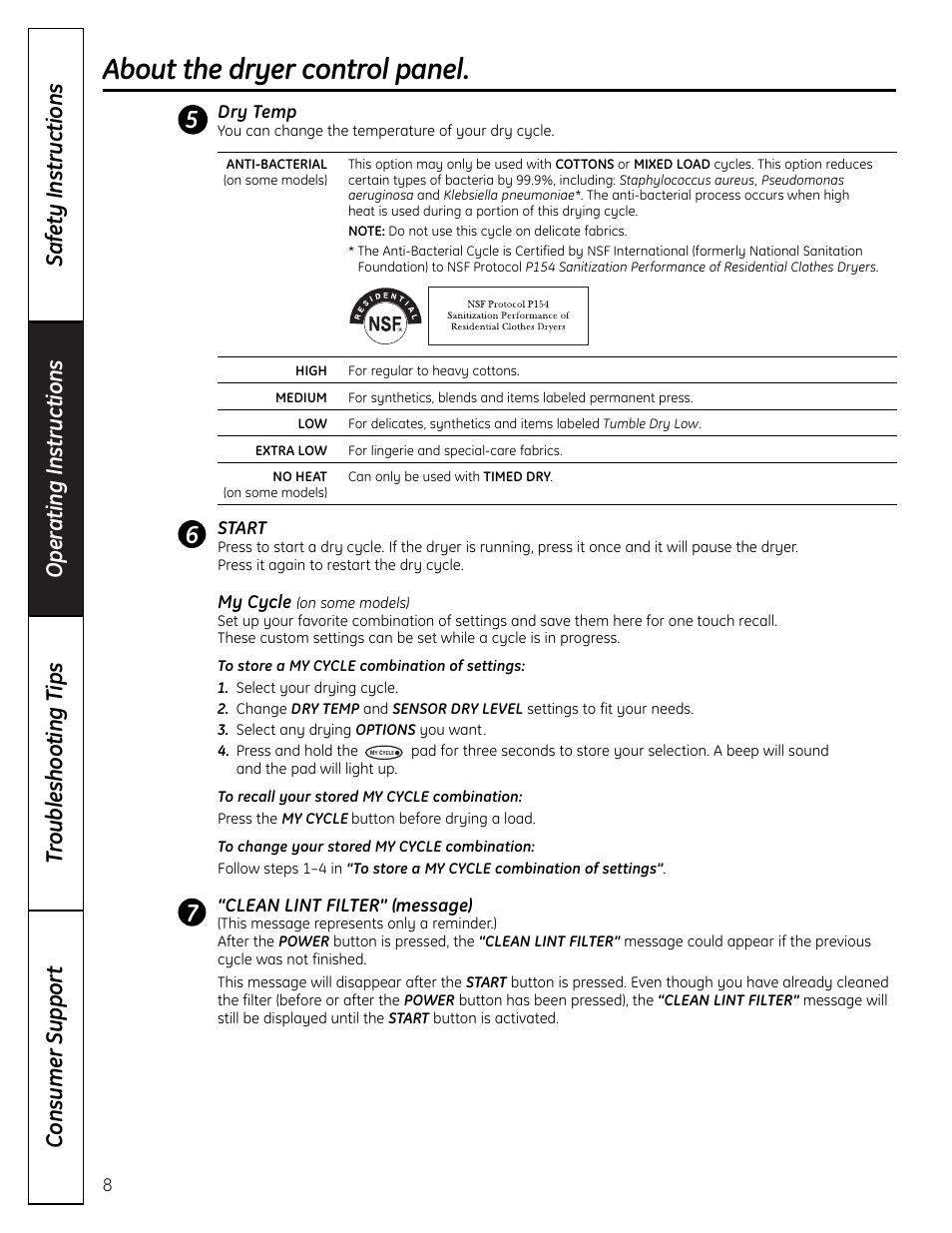 About the dryer control panel | GE DHDVH66 User Manual | Page 8 / 56