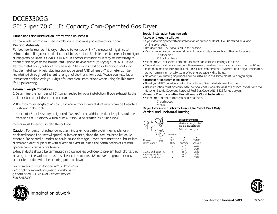 Dccb330gg, Super 7.0 cu. ft. capacity coin-operated gas dryer | GE DCB330EB User Manual | Page 2 / 3