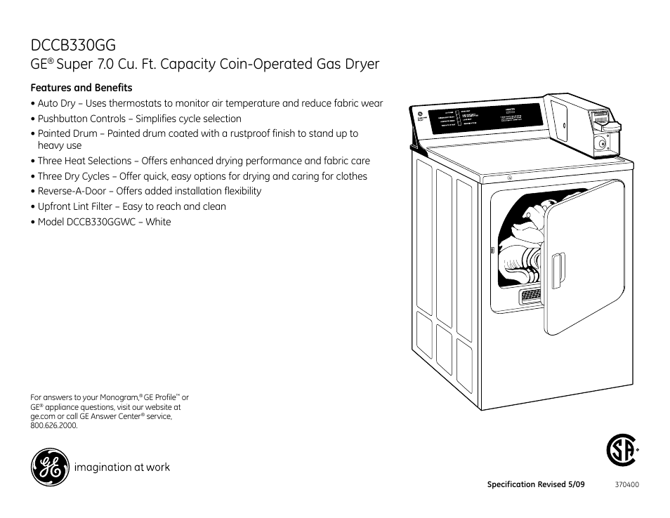 Dcb330eb, Dccb330gg, Super 7.0 cu. ft. capacity coin-operated gas dryer | GE DCB330EB User Manual | Page 3 / 3
