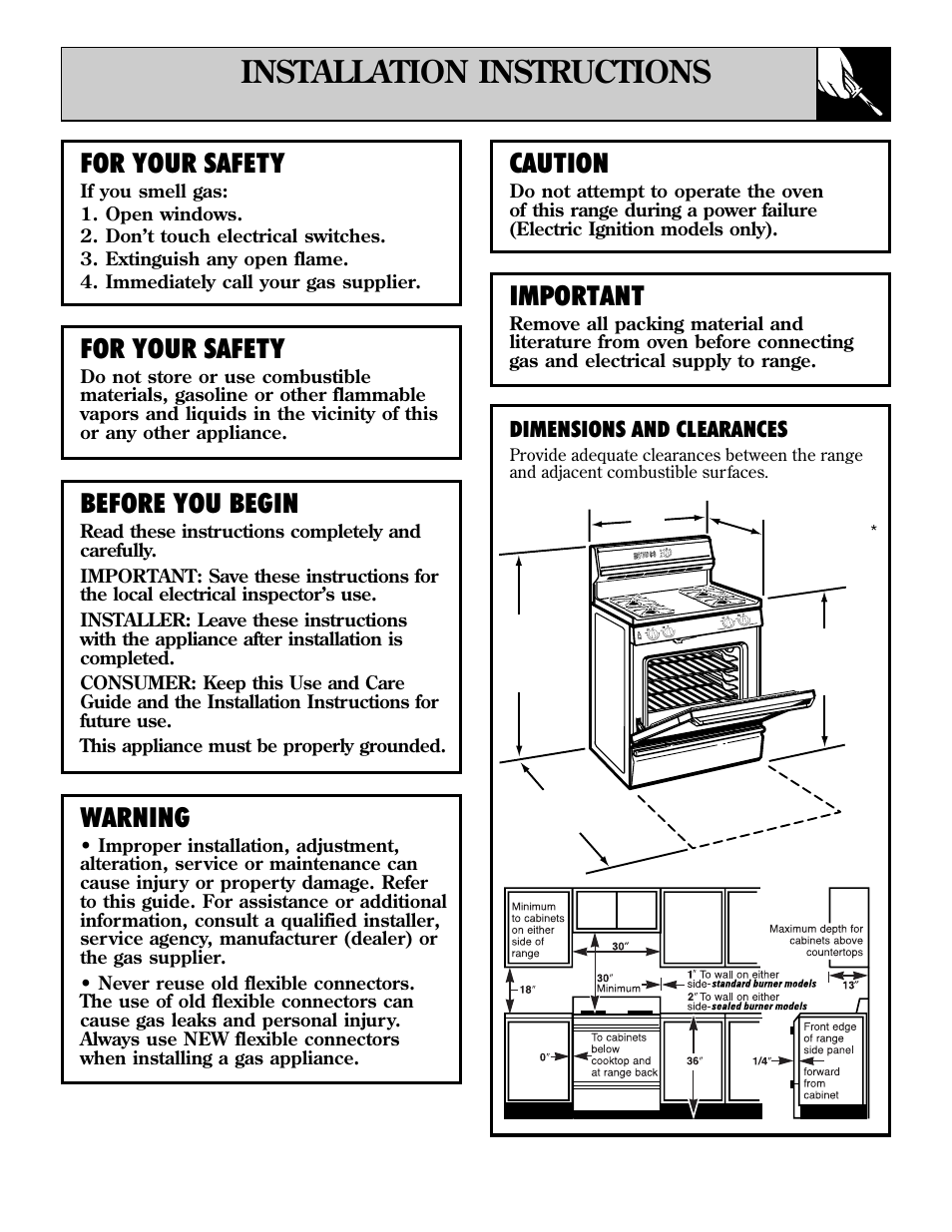 Preparation, Installation instructions, Installation instructions –43 | Important, For your safety, Before you begin, Warning, Caution, Dimensions and clearances | GE EGR2000 User Manual | Page 33 / 52