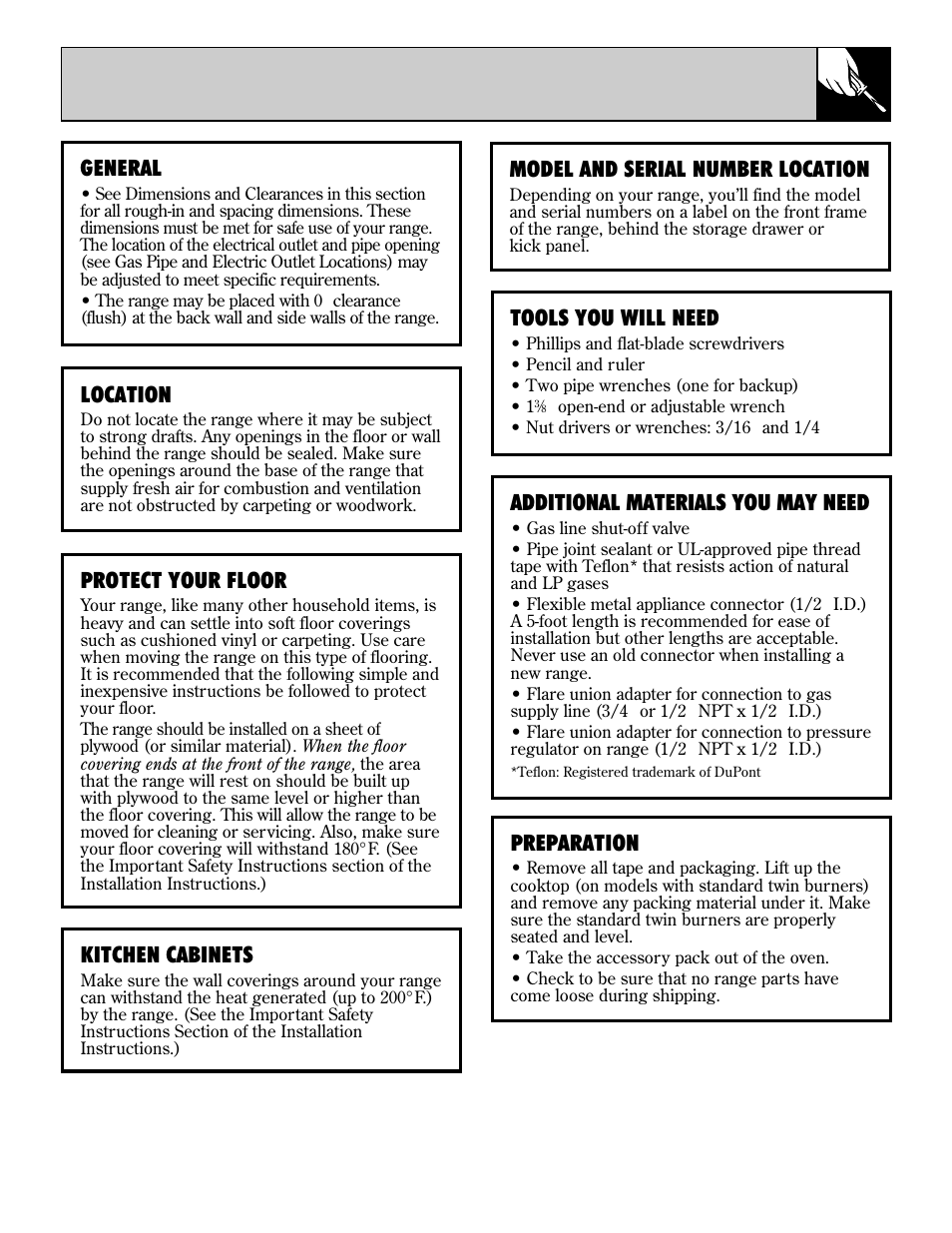 Flooring under the range, General, Location | Protect your floor, Kitchen cabinets, Model and serial number location, Tools you will need, Additional materials you may need, Preparation | GE EGR2000 User Manual | Page 35 / 52
