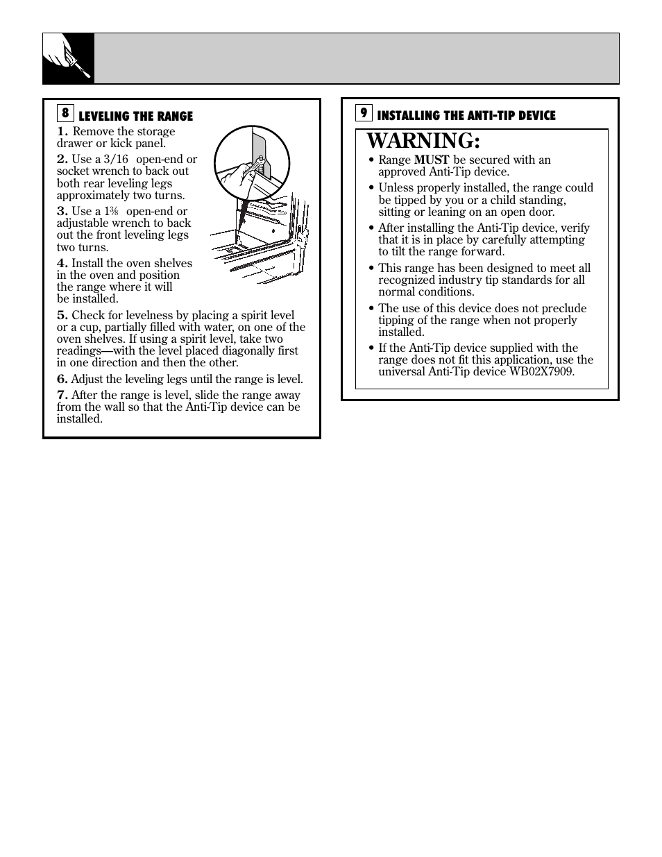 Leveling, 42 installation instructions, Warning | GE EGR2000 User Manual | Page 42 / 52