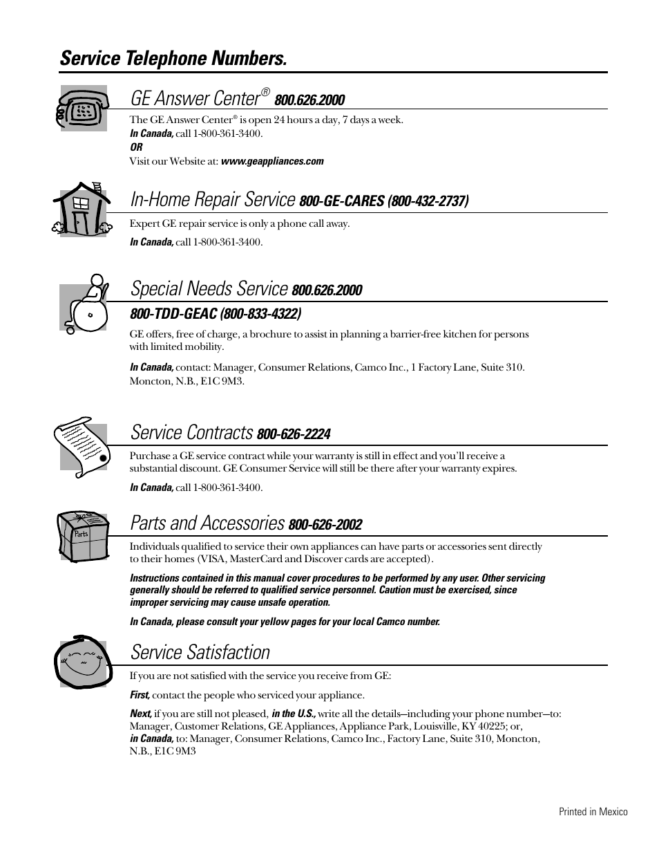 Important phone numbers, Service telephone numbers. ge answer center, In-home repair service | Special needs service, Service contracts, Parts and accessories, Service satisfaction | GE EGR2000 User Manual | Page 52 / 52