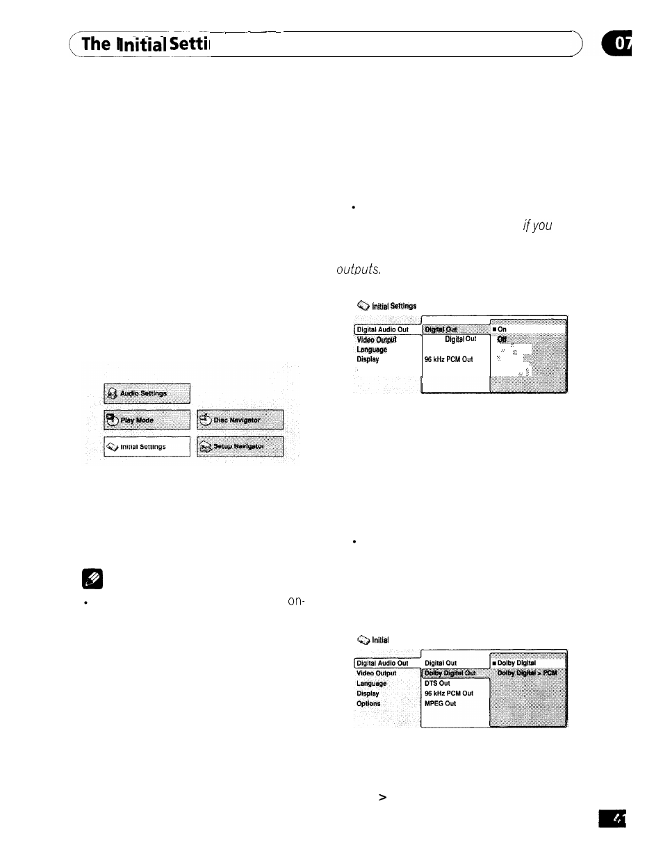 Using the initial settings menu, Digital audio out settings, The settings menu using the initial settings menu | Digital out, Dolby digital out | GE DV-354 User Manual | Page 41 / 61