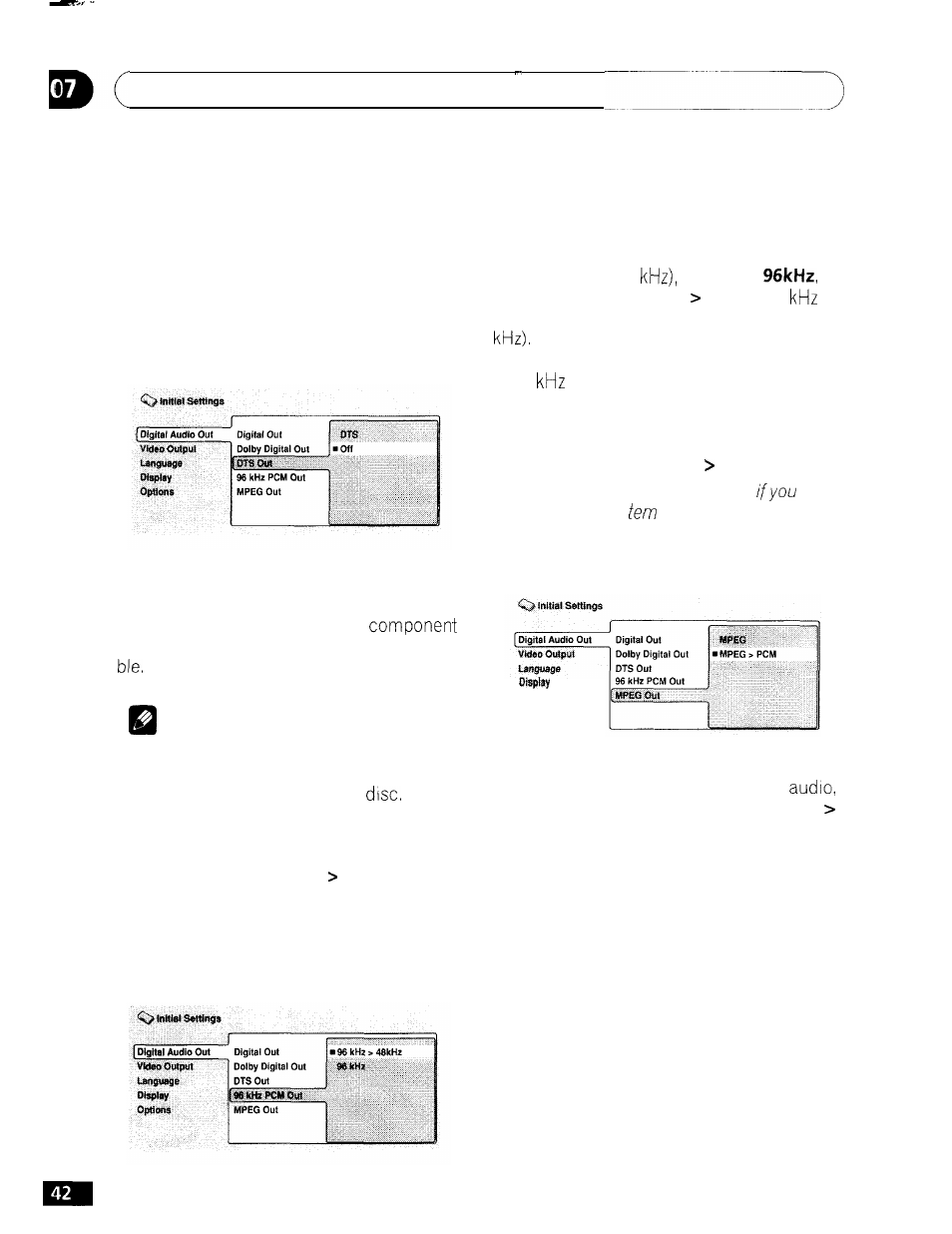 The initial settings menu, Dts out, Mpeg out | 96khz pcm out | GE DV-354 User Manual | Page 42 / 61