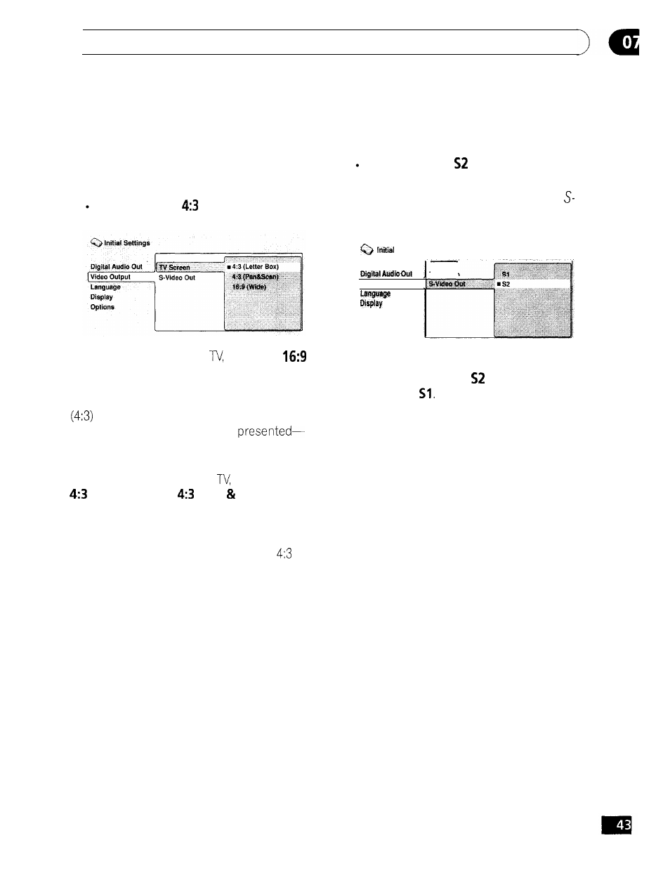 Video output settings, The initial settings menu video output settings, Tv screen | S-video out | GE DV-354 User Manual | Page 43 / 61