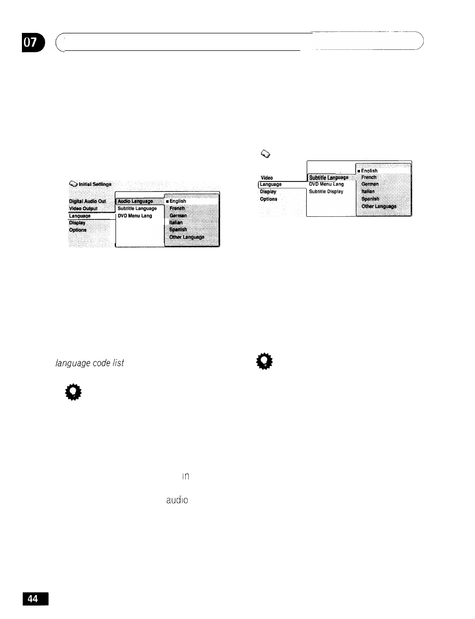 Language settings, The initial settings menu language settings, Audio language | Subtitle language | GE DV-354 User Manual | Page 44 / 61