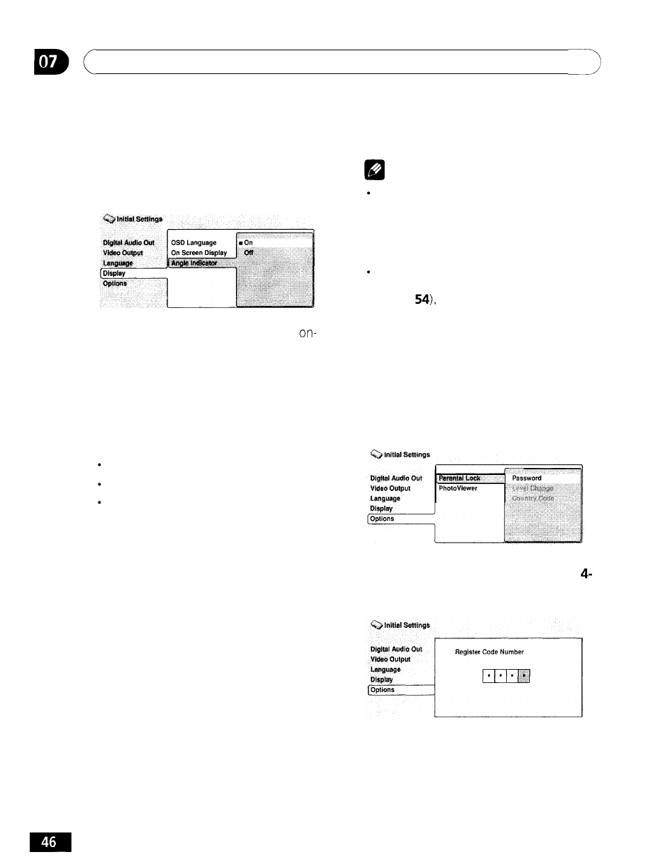 Options, The initial settings menu, Angle indicator | Parental lock | GE DV-354 User Manual | Page 46 / 61
